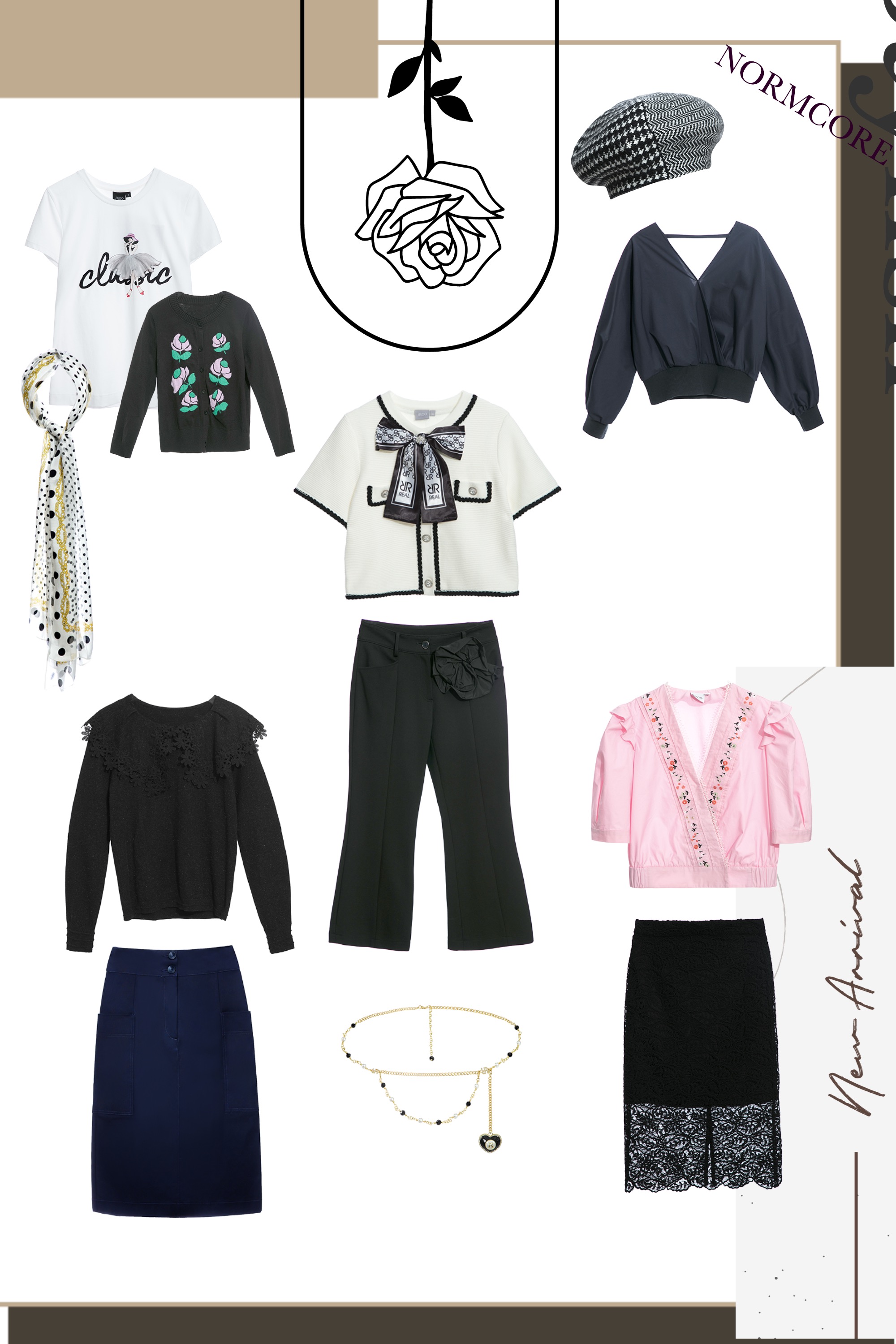 針織衫,春夏穿搭,絲巾,上衣,針織,毛呢花呢,蝴蝶結,白色上衣,小香風,珍珠,帽子,刺繡,網紗,T恤,窄裙,蕾絲,裙子,蕾絲裙,黑色裙子,寬褲,褲子,黑色褲子,女王風範