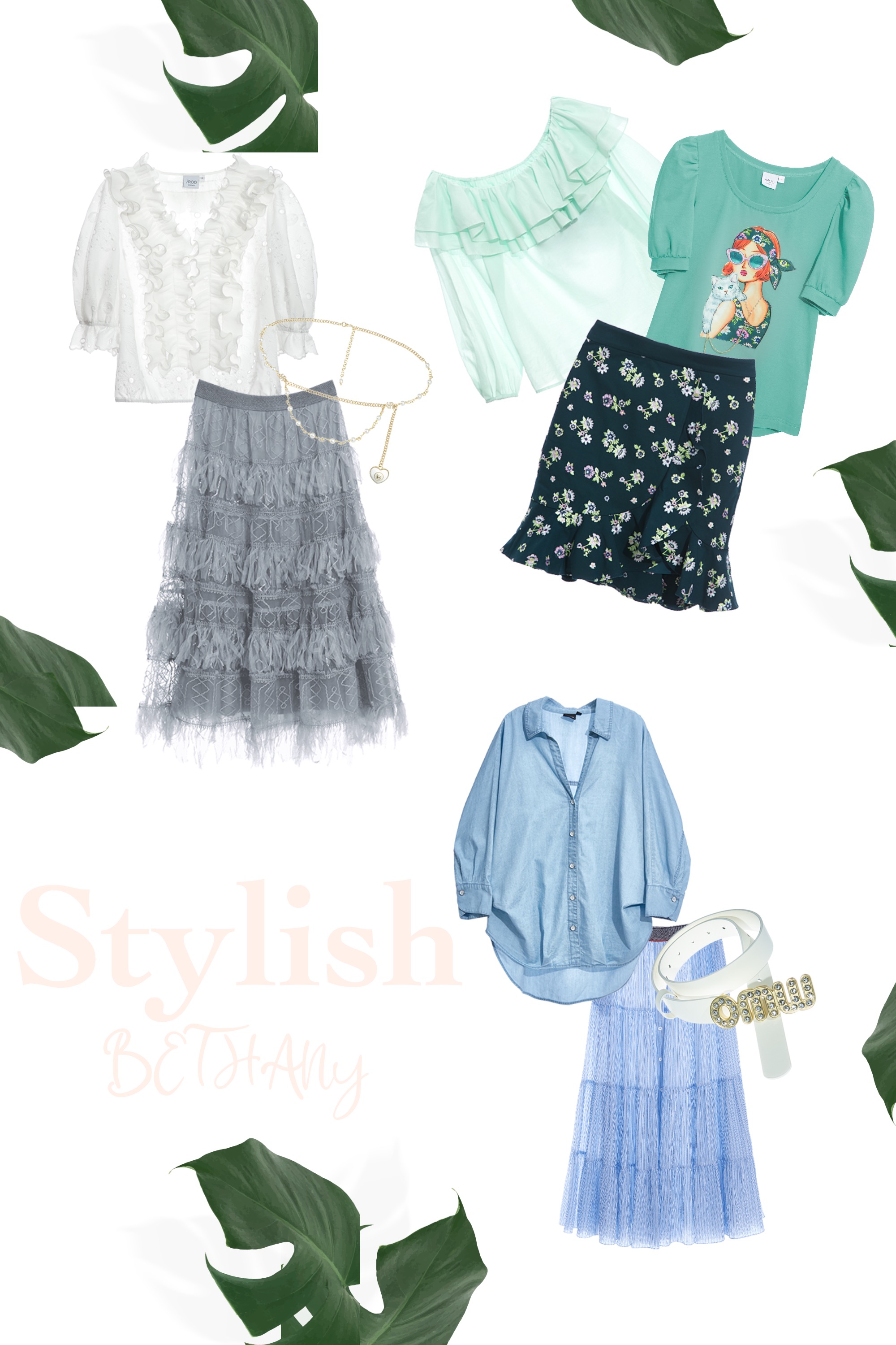 牛仔襯衫,春夏穿搭,上衣,OL穿搭,上班穿搭,夏日組搭企劃,牛仔,蛋糕裙,長裙,療癒色彩,旅行穿搭,條紋,裙子,紗裙,皮帶,皮革,珍珠,項鍊,T-Shirt,太陽眼鏡,約會特輯,T恤,輕奢渡假