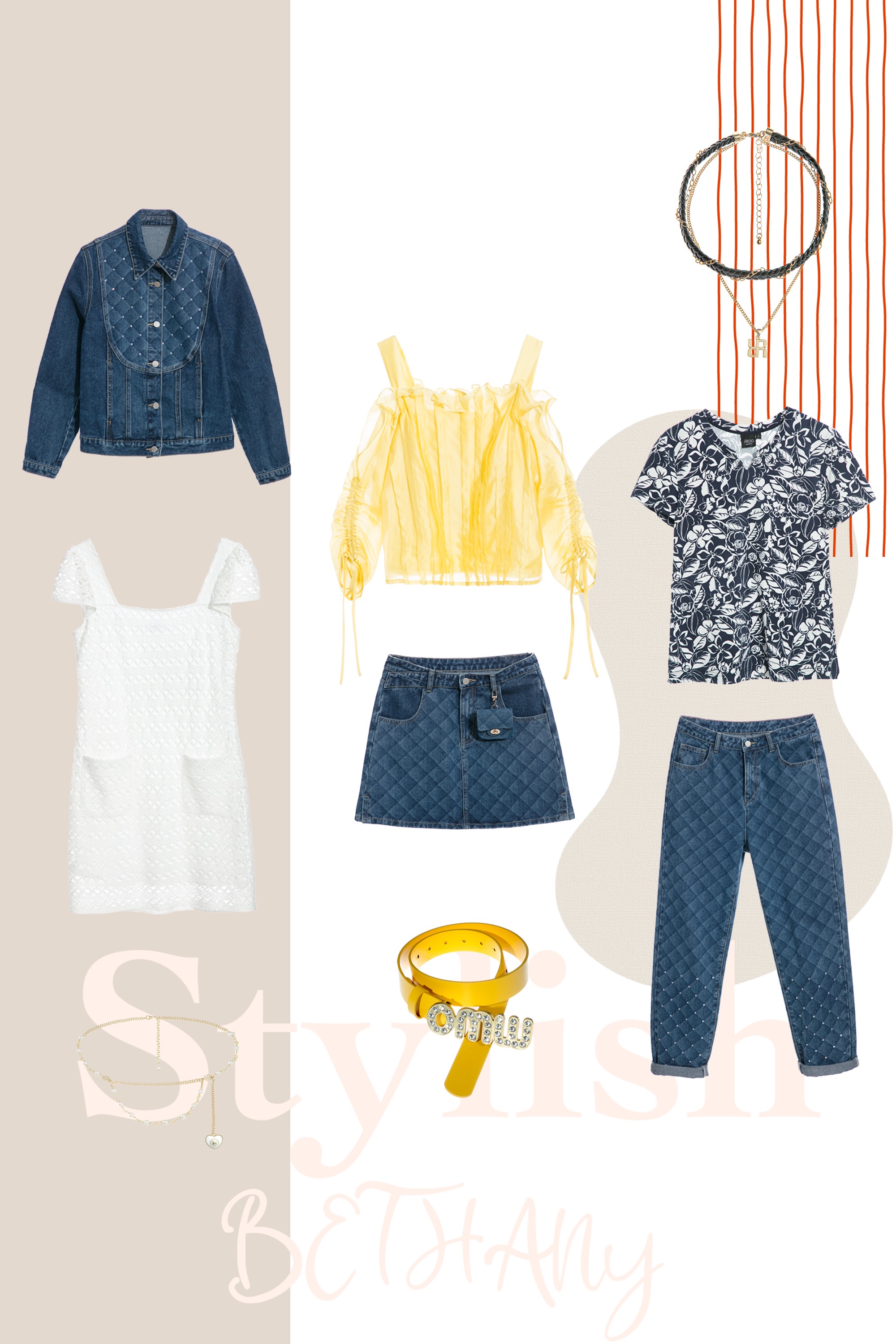 項鍊,春夏穿搭,牛仔裙,牛仔,格紋,裙子,皮帶,皮革,珍珠