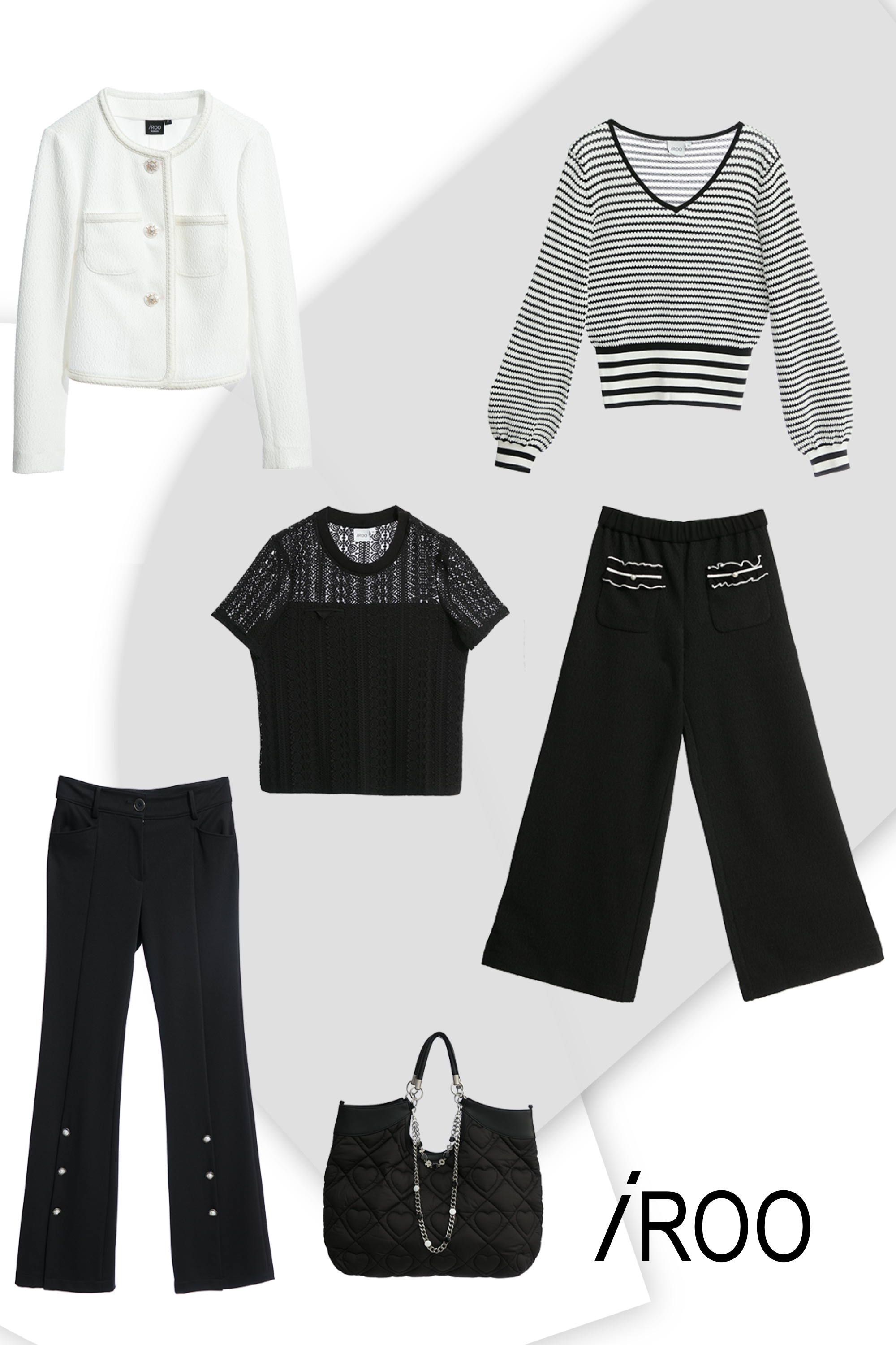 上衣,針織衫,針織,秋冬穿搭,條紋,寬褲,褲子,黑色褲子,毛呢花呢,小香風,蕾絲上衣,蕾絲,黑色上衣,人氣商品,手提包,皮革,格紋,一般外套,外套,白色外套