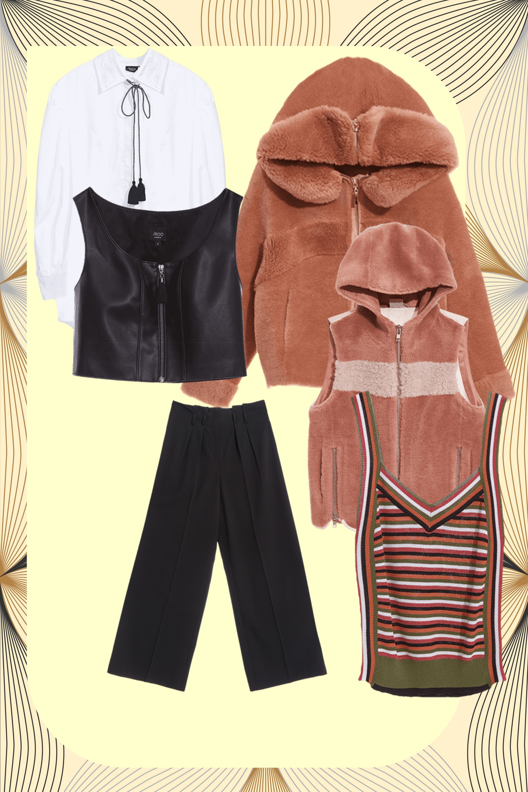 襯衫,秋冬穿搭,上衣,OL穿搭,白色上衣,短大衣,一般外套,保暖特輯,新年開運特輯,外套,連帽背心,一般背心,背心,背心外套,U領上衣,視覺顯瘦,皮革,黑色背心,寬褲,荷葉,黑色長褲,褲子,黑色褲子