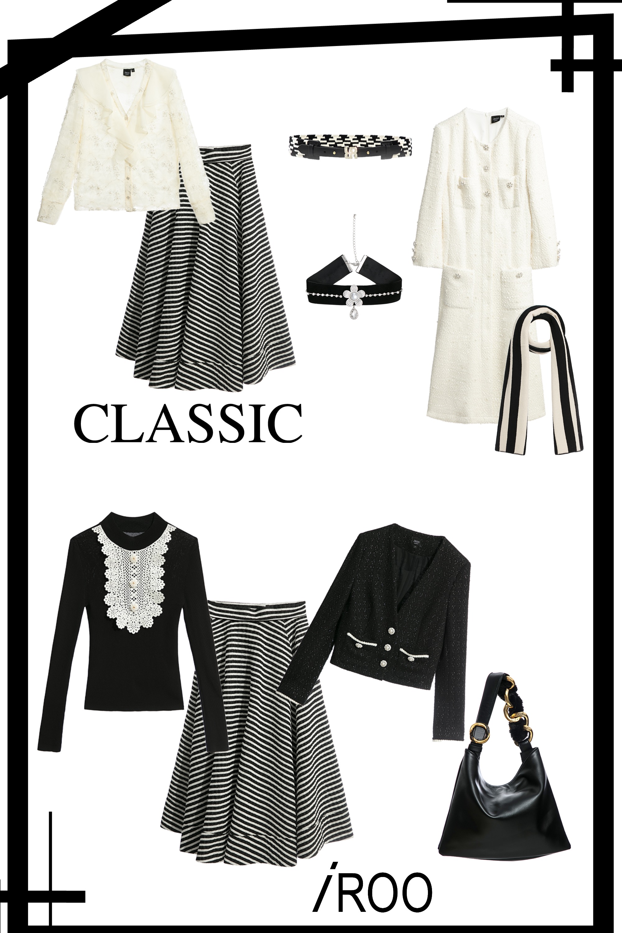 長裙,春夏穿搭,上班穿搭,條紋,裙子,針織衫,上衣,輕奢渡假,時髦選品專區,針織,珍珠,黑色上衣,西裝外套,一般外套,外套,黑色外套,一般洋裝,洋裝,襯衫,約會特輯,花花世界,荷葉,圍巾,項鍊,飾品,秋冬穿搭,側背包,肩背包,皮革