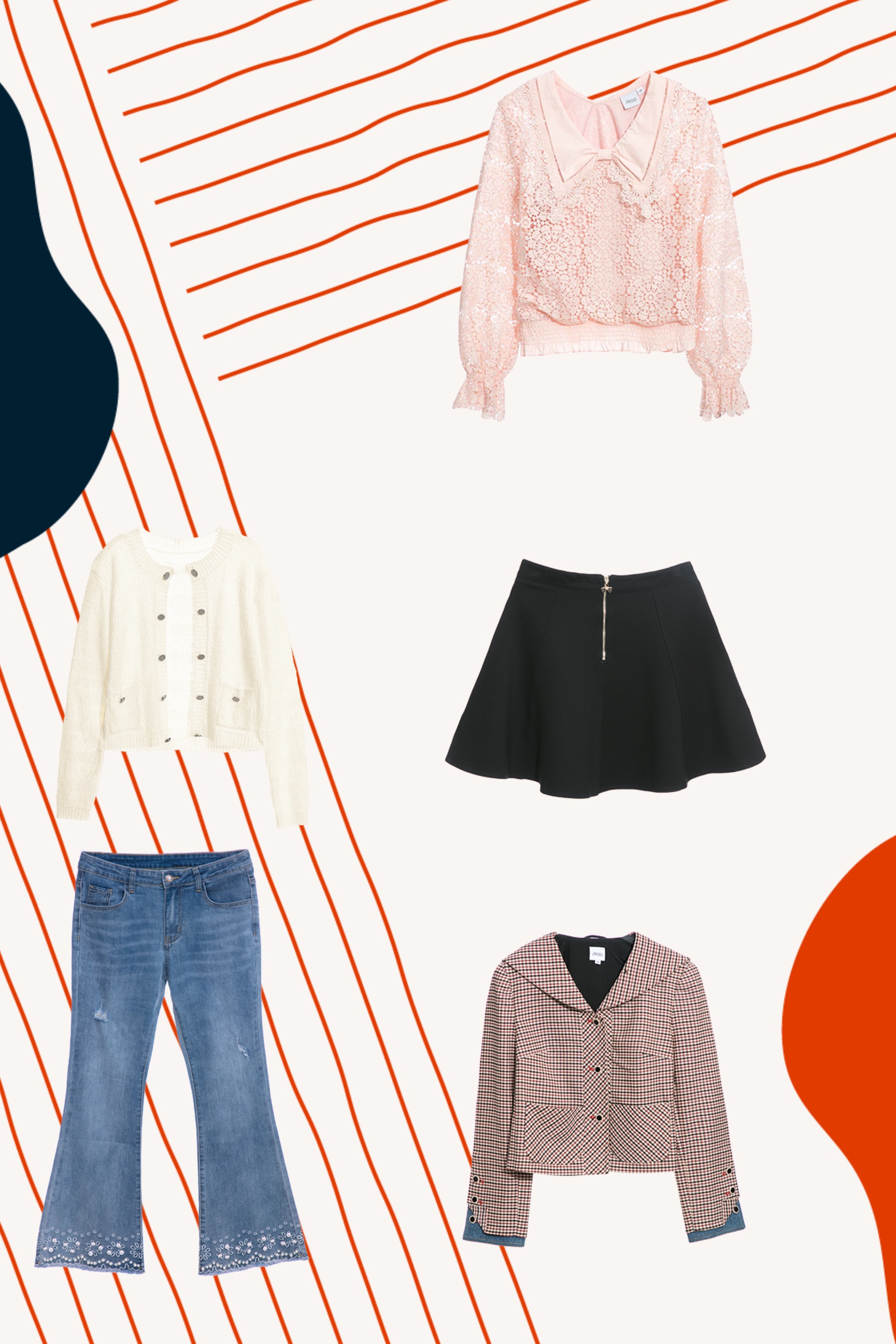 上衣,秋冬穿搭,蕾絲,雪紡,短裙,傘,蝴蝶結,裙子,黑色裙子,針織外套,一般外套,女王風範,解封企劃,輕奢渡假,針織,外套,牛仔褲,牛仔,刺繡,褲子