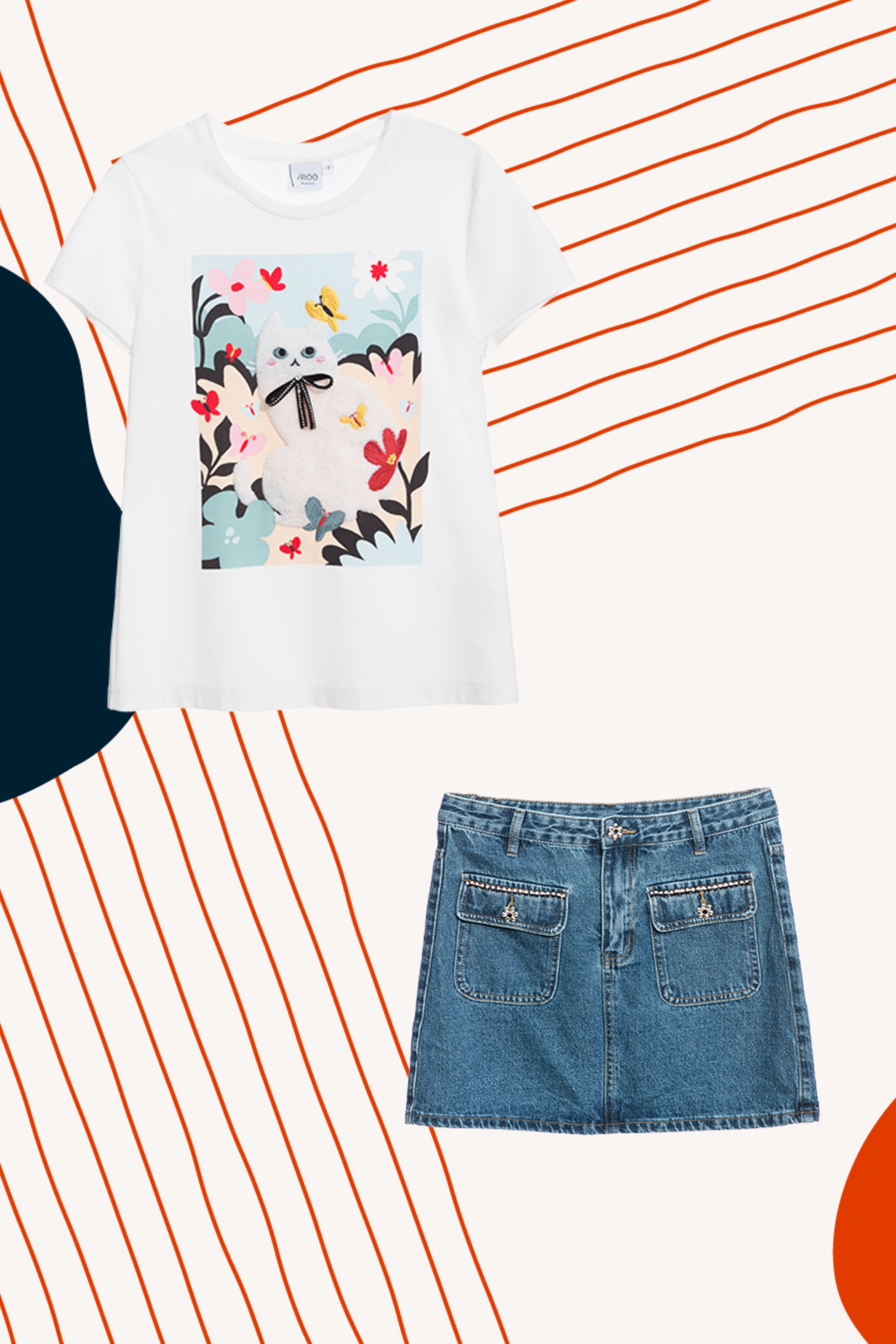 純棉,短裙,秋冬穿搭,牛仔裙,牛仔,裙子,上衣,T-Shirt,刺繡,T恤,白色上衣,人氣商品,蝴蝶結