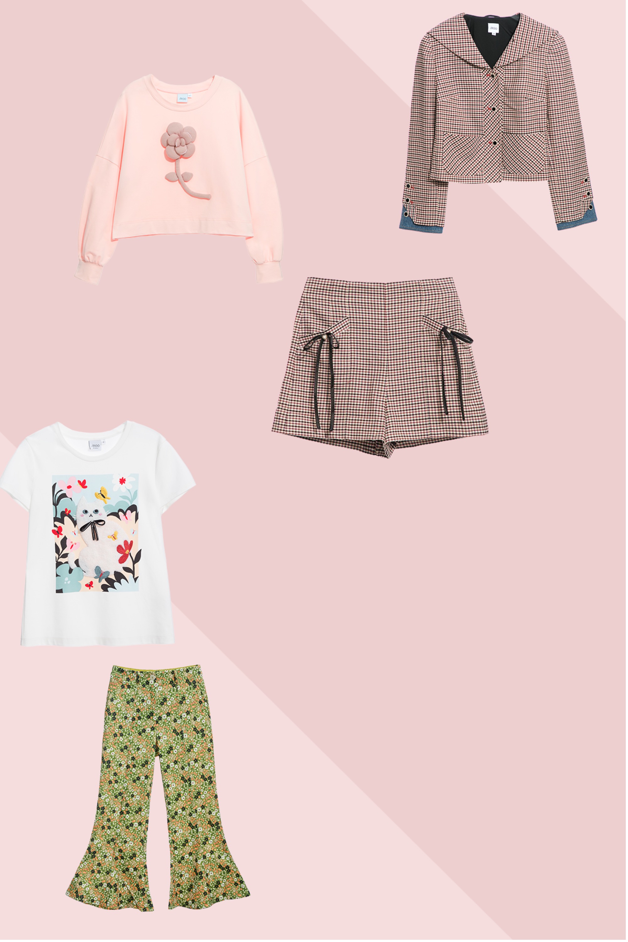 短褲,秋冬穿搭,格紋,蝴蝶結,褲子,T-Shirt,上衣,人氣商品,刺繡,T恤,白色上衣,網紗,荷葉,約會特輯,喇叭褲