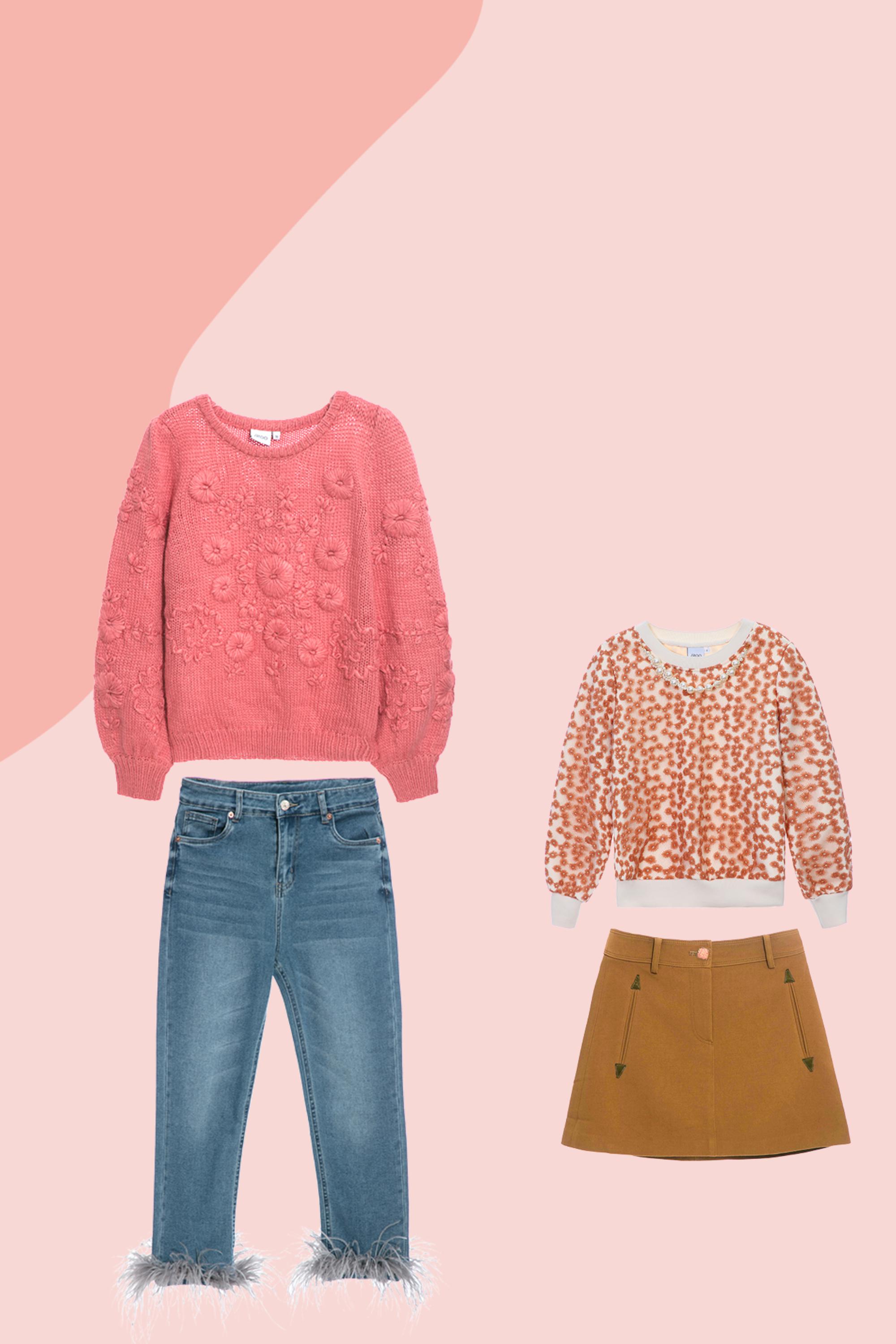 針織衫,秋冬穿搭,上衣,約會特輯,人氣商品,針織,項鍊,輕奢渡假,繡花,珍珠,短裙,裙子,牛仔褲,牛仔,褲子