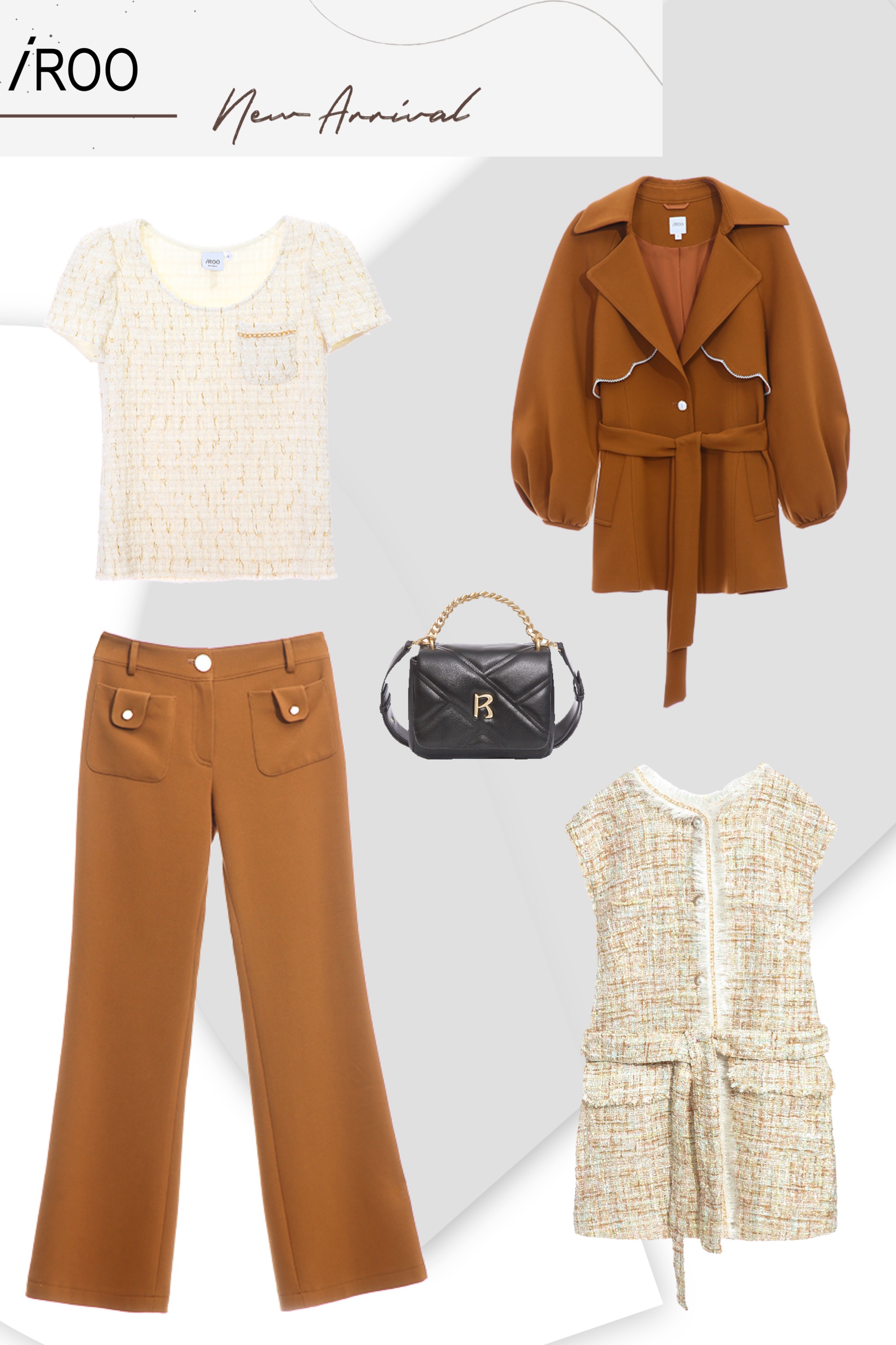 一般背心,秋冬穿搭,一般外套,約會特輯,輕奢渡假,時髦成套搭配,背心,外套,背心外套,喇叭褲,褲子,珍珠,上衣,白色上衣,人氣商品,側背包,春夏穿搭,肩背包,皮革