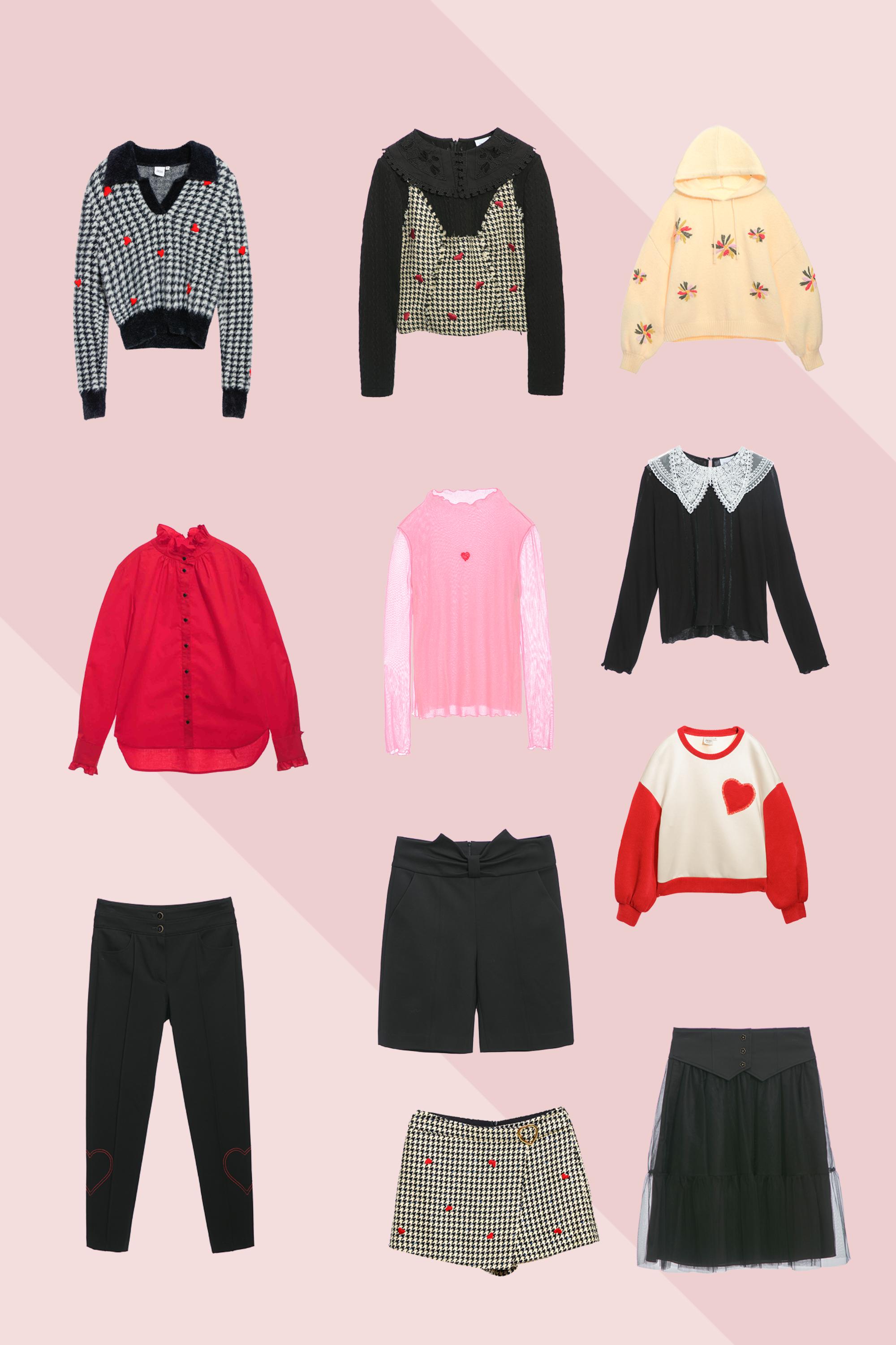 上衣,秋冬穿搭,開運紅,約會特輯,荷葉,針織衫,針織,刺繡,針織上衣,內搭上衣,黑色上衣,窄管褲,黑色長褲,褲子,黑色褲子,蓬蓬裙,網紗,裙子,黑色裙子,短褲,蝴蝶結,短裙