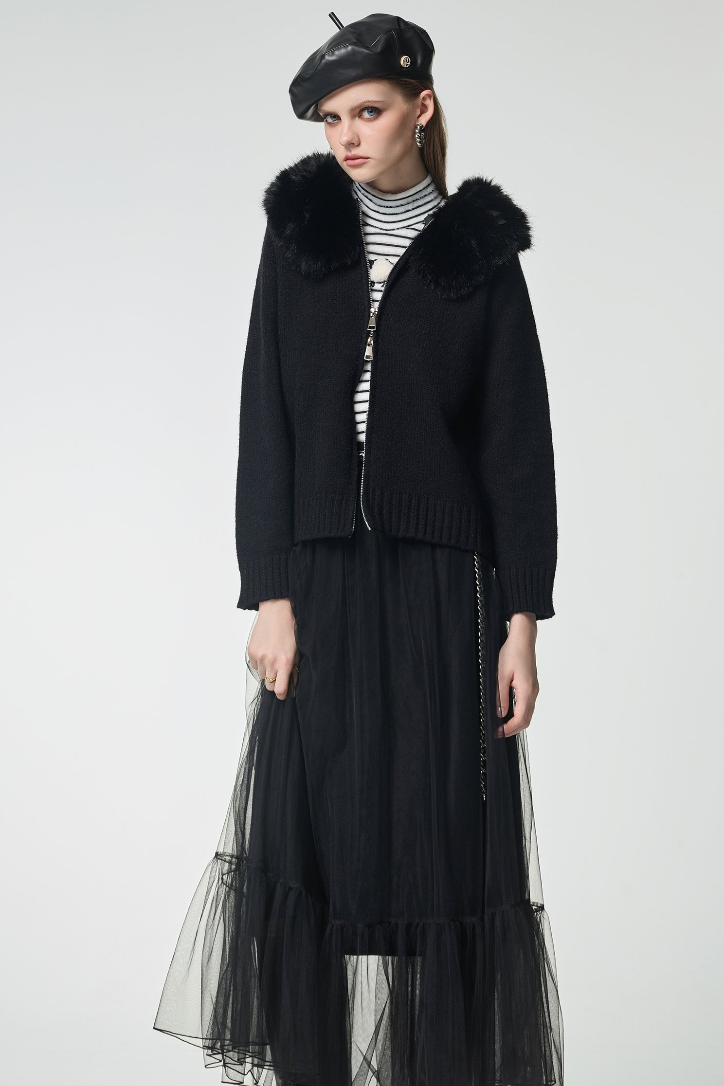 雙開拉鍊毛領連帽針織外套雙開拉鍊毛領連帽針織外套,上班OL穿搭,外套,秋冬穿搭,針織,針織外套