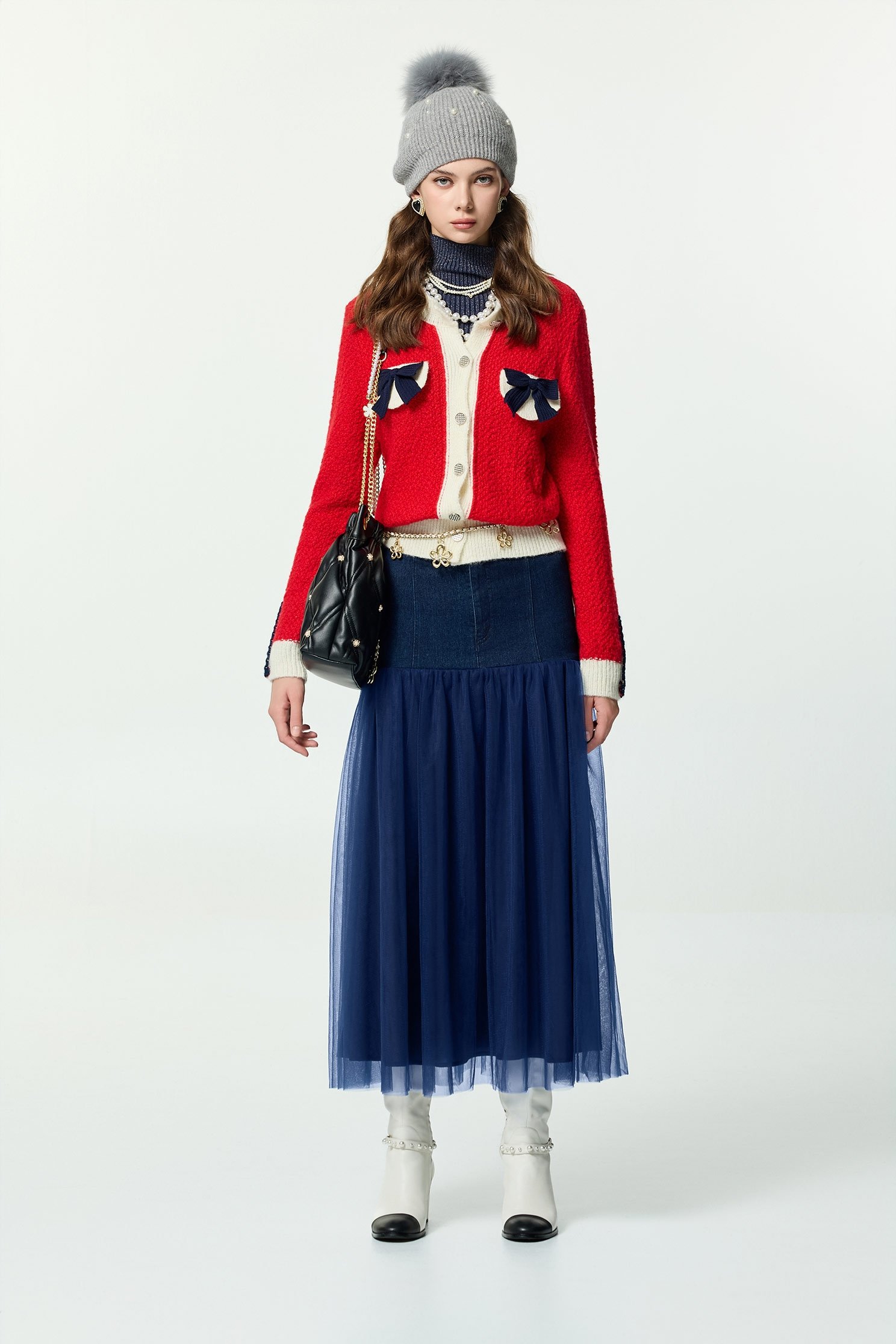 火焰色小香風開襟針織外套火焰色小香風開襟針織外套,一般外套,上衣,外套,小香風,秋冬穿搭,蝴蝶結,針織