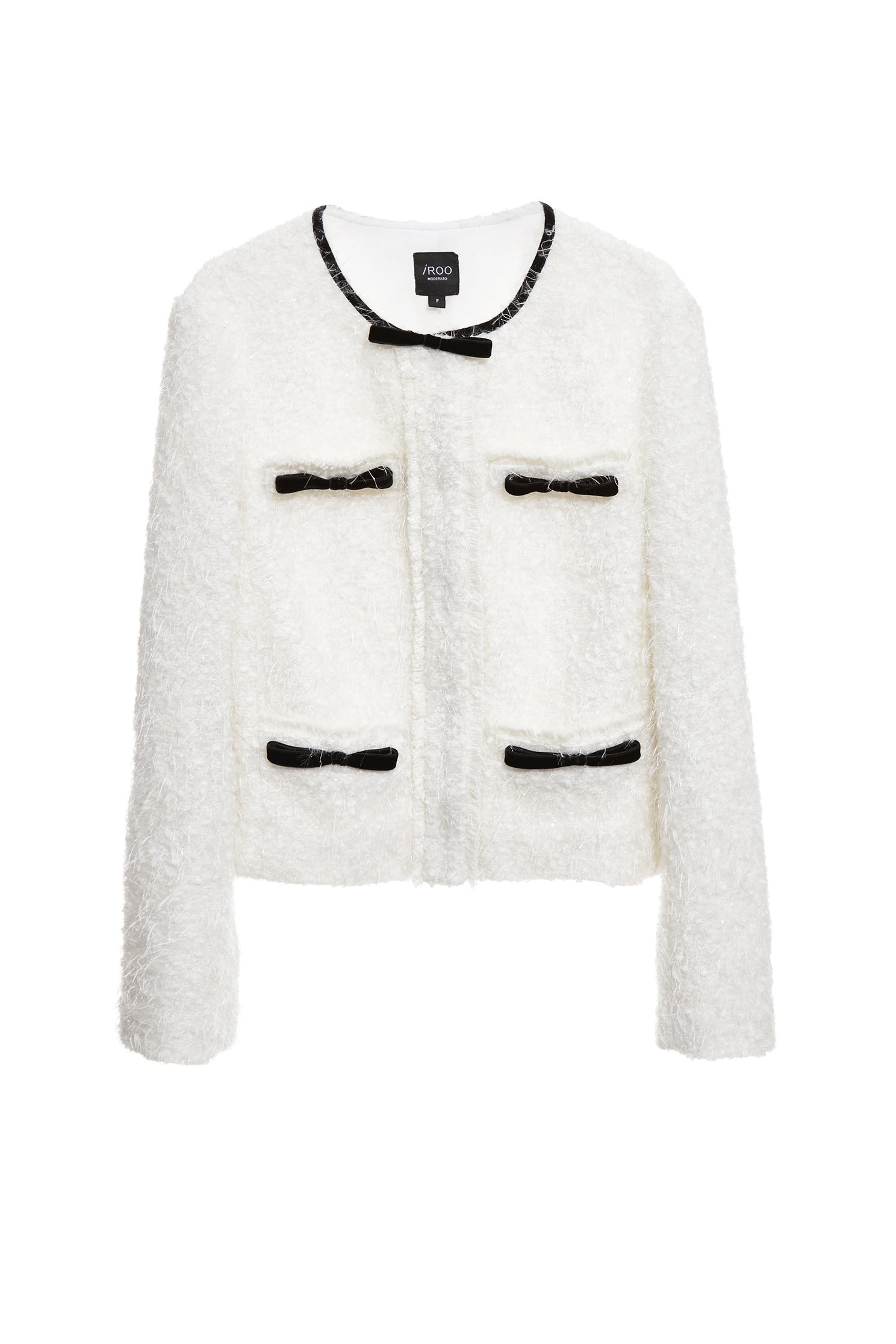 彈性花呢羽毛紗黑蝴蝶結縫飾外套彈性花呢羽毛紗黑蝴蝶結縫飾外套,一般外套,外套,春夏穿搭,白色外套,蝴蝶結