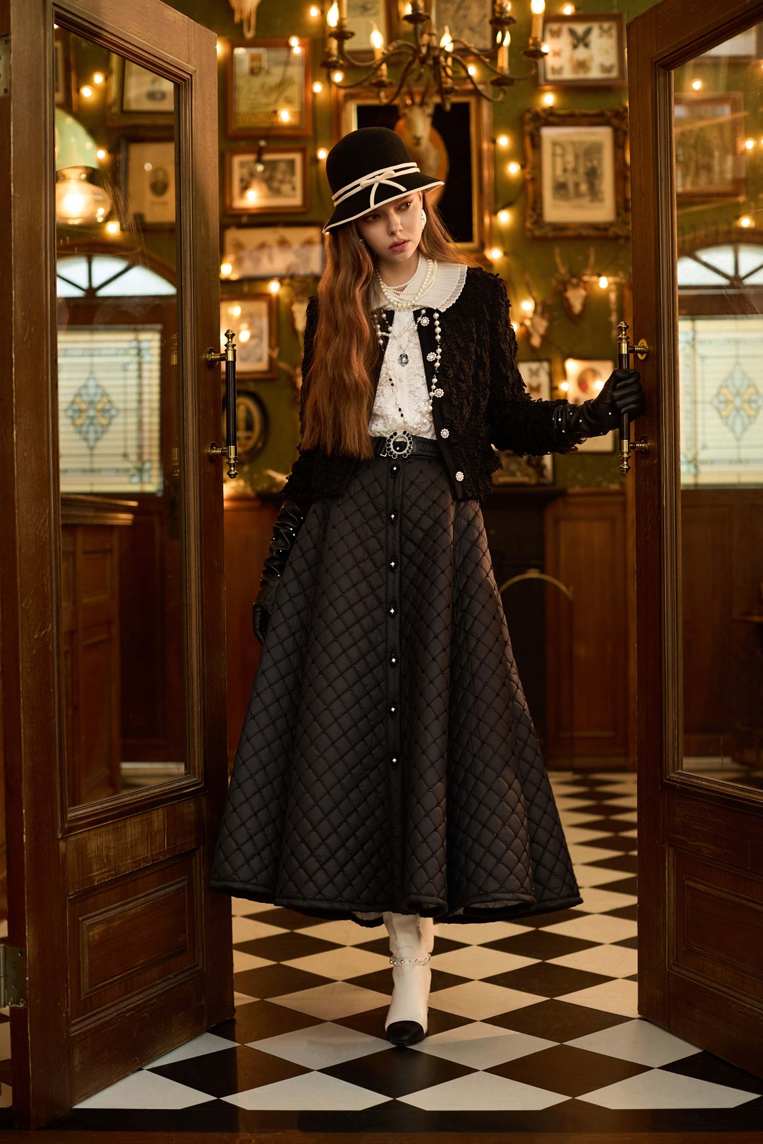 極黑角珠車格鋪棉長裙極黑角珠車格鋪棉長裙,時髦成套搭配,秋冬穿搭,長裙