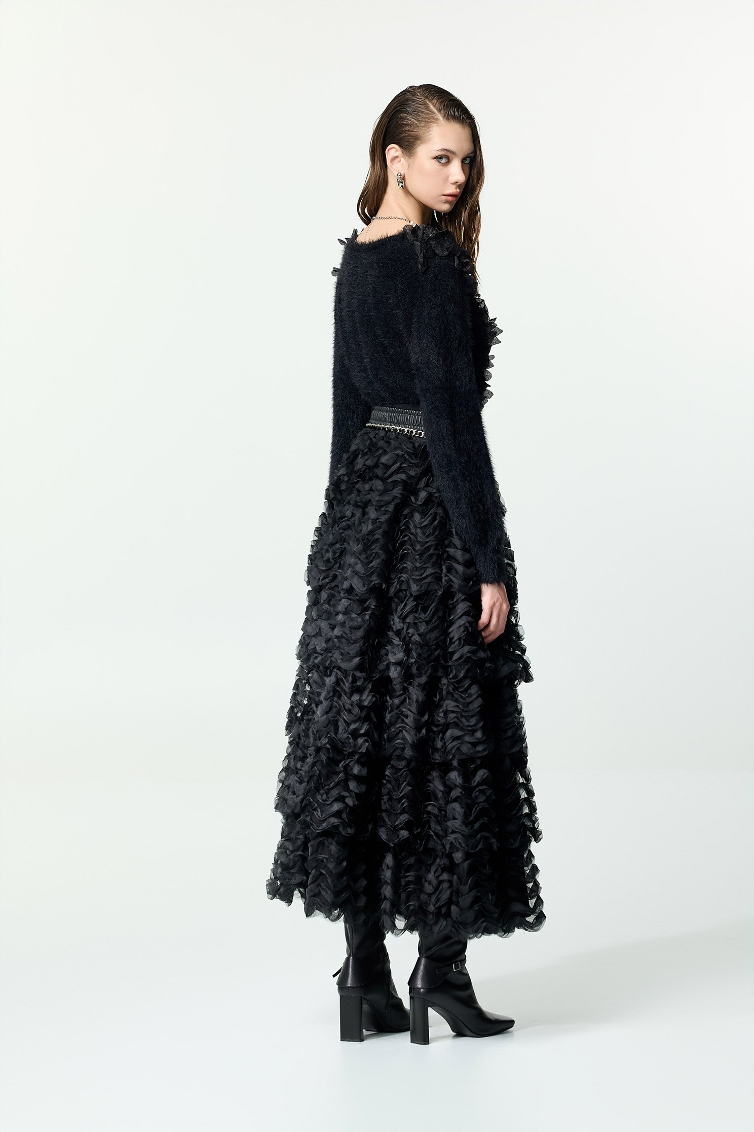 烏干波浪網紗蛋糕裙烏干波浪網紗蛋糕裙,時髦成套搭配,派對特輯,秋冬穿搭,約會特輯,網紗,網裙,長裙