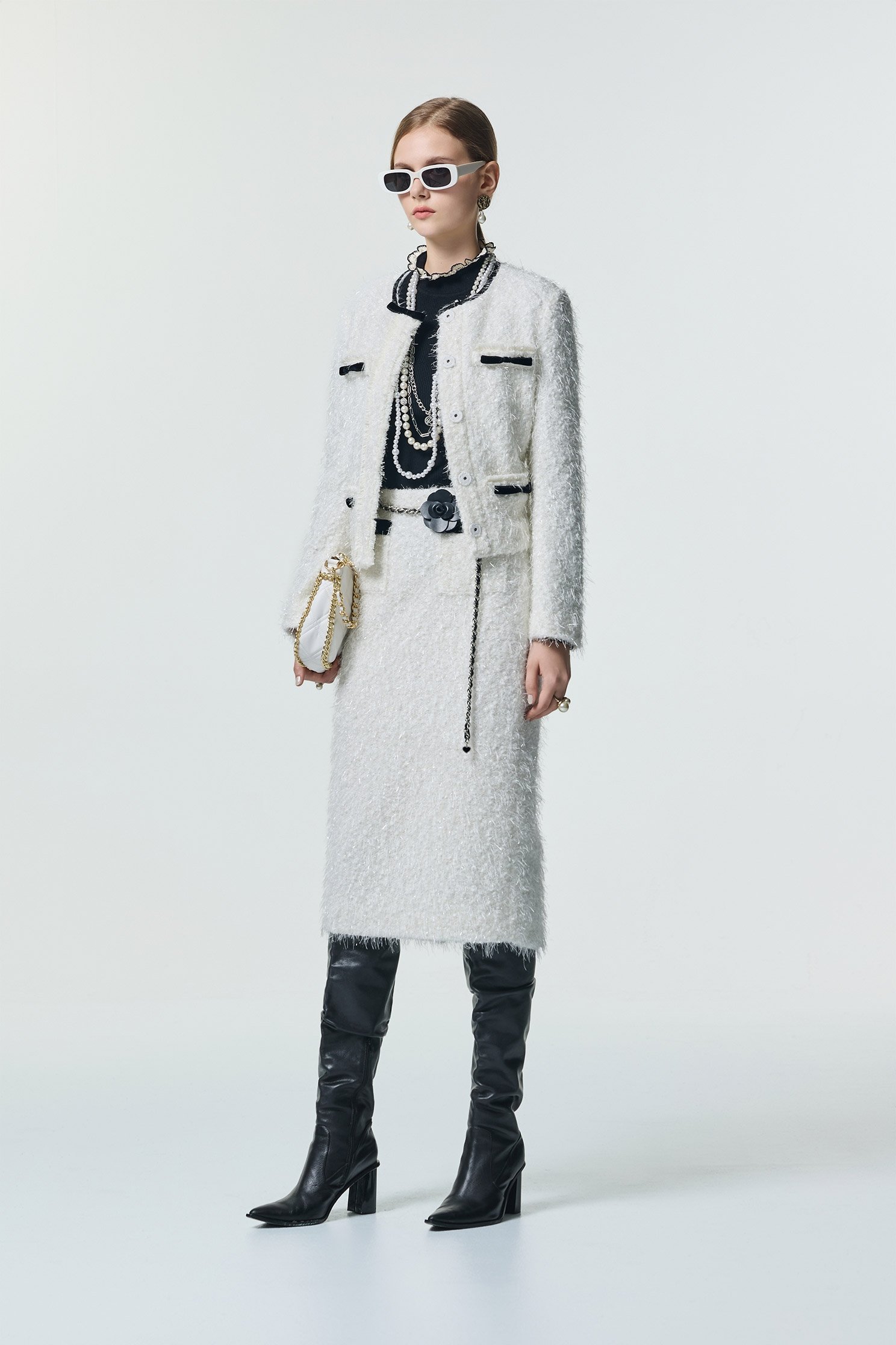 彈性花呢羽毛紗黑織帶中長窄裙彈性花呢羽毛紗黑織帶中長窄裙,春夏穿搭,白色裙子,長裙