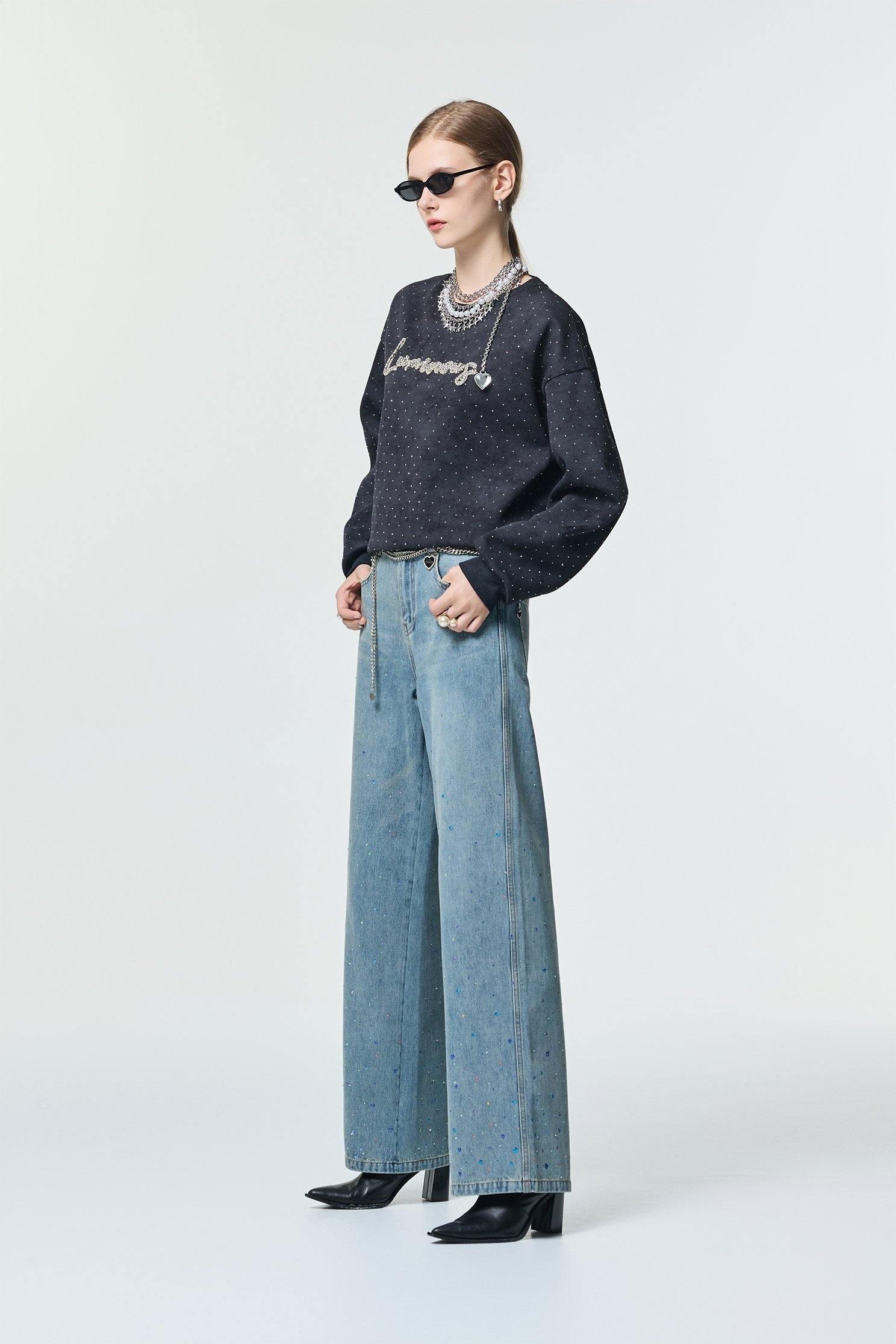 閃光五彩點點牛仔寬褲閃光五彩點點牛仔寬褲,丹寧,喇叭褲,寬褲,牛仔,牛仔褲,秋冬穿搭,約會特輯,褲子