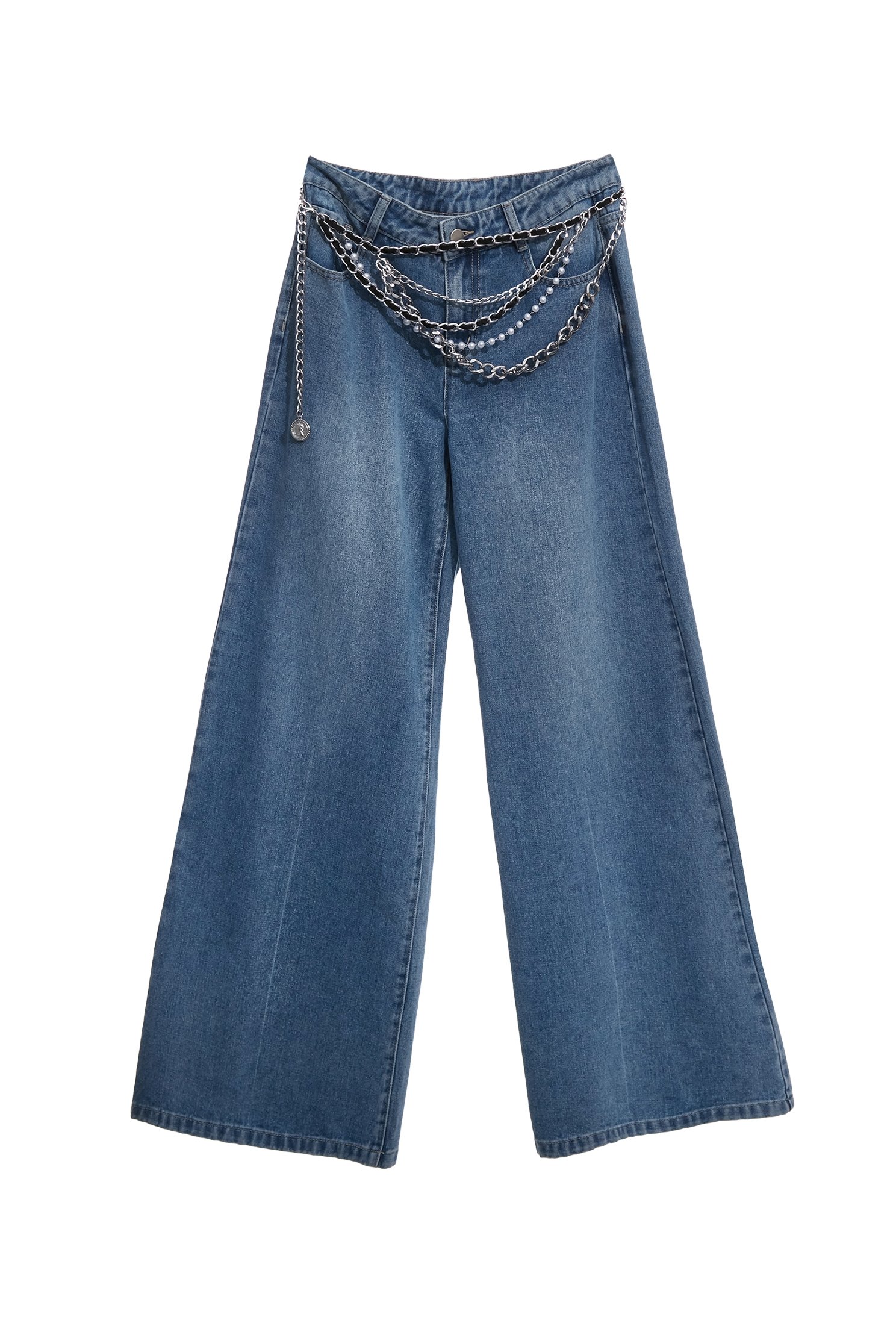 金屬珍珠鏈條單寧大寬褲金屬珍珠鏈條單寧大寬褲,春夏穿搭,牛仔,牛仔褲,珍珠,褲子