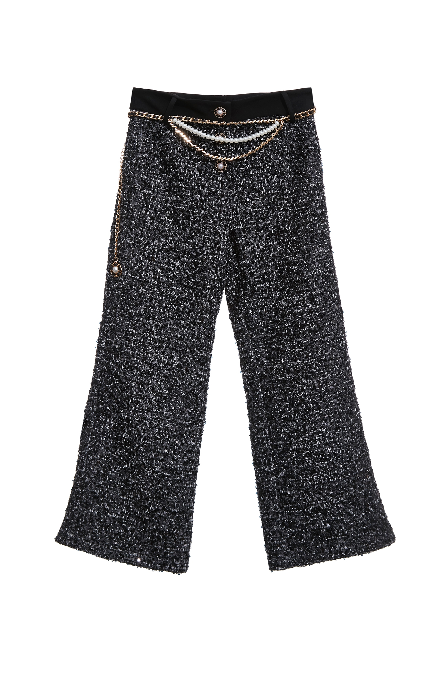 花呢紗崁亮片八分褲花呢紗崁亮片八分褲,上班OL穿搭,寬褲,春夏穿搭,派對特輯,珍珠,褲子,黑色褲子