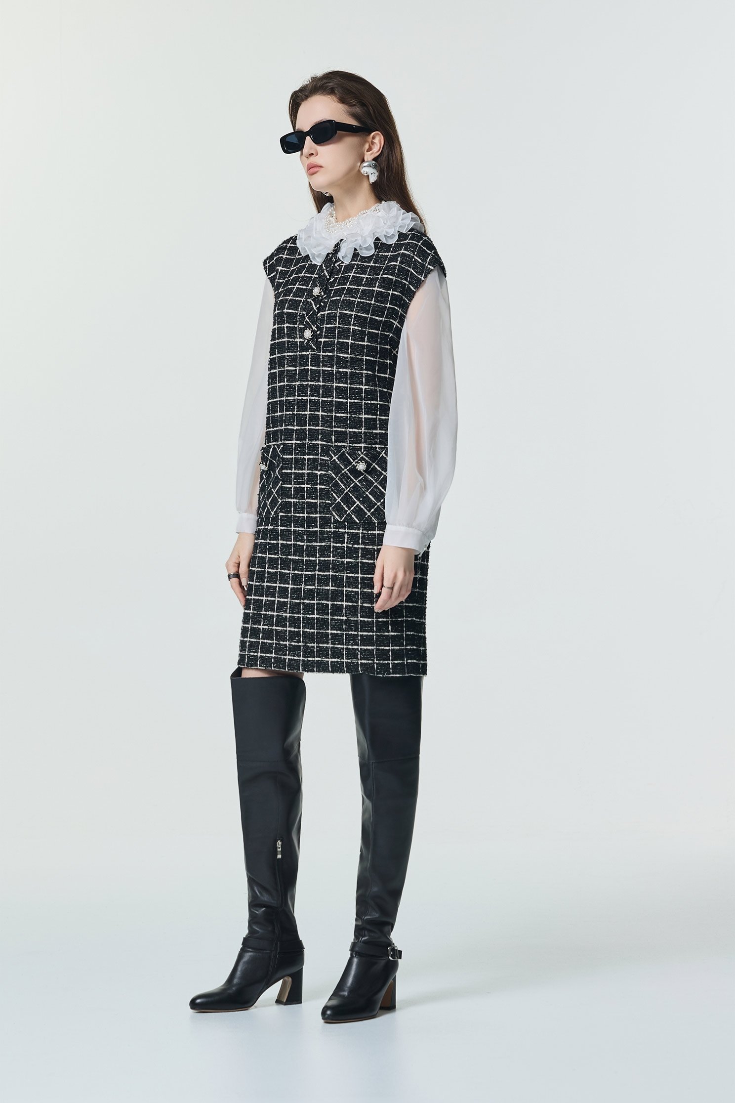 經典黑白格偽兩件式洋裝經典黑白格偽兩件式洋裝,一般洋裝,春夏穿搭,珍珠,荷葉,針織