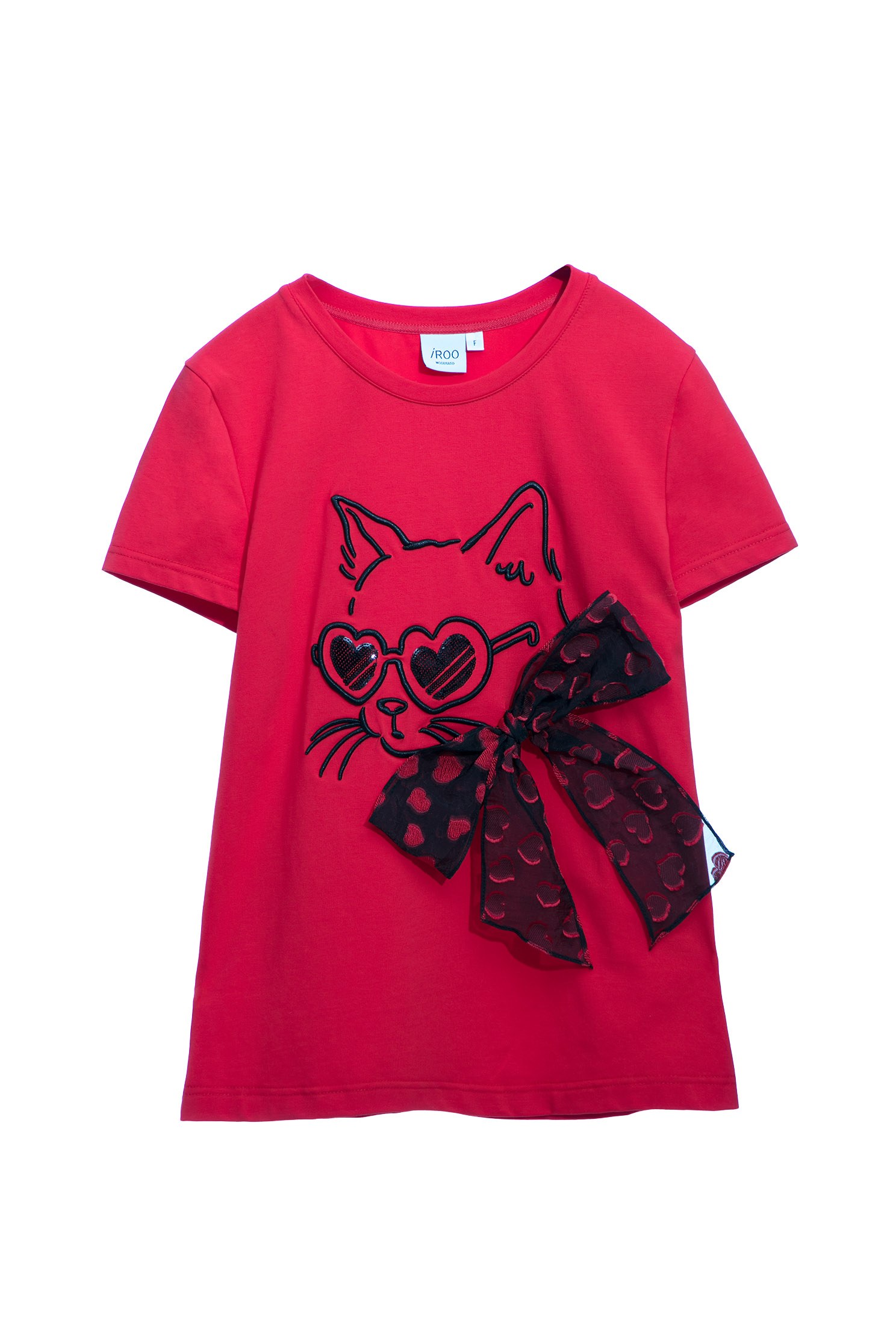 戴眼鏡貓咪刺繡T恤上衣戴眼鏡貓咪刺繡T恤上衣,T-Shirt,上衣,刺繡,秋冬穿搭,蝴蝶結,開運紅