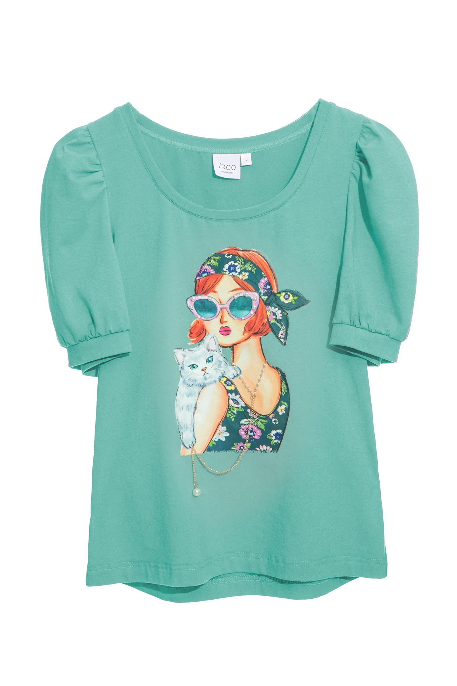 美人抱貓咪印花T恤上衣美人抱貓咪印花T恤上衣,T-Shirt,T恤,上衣,春夏穿搭,珍珠,約會特輯,輕奢度假,項鍊