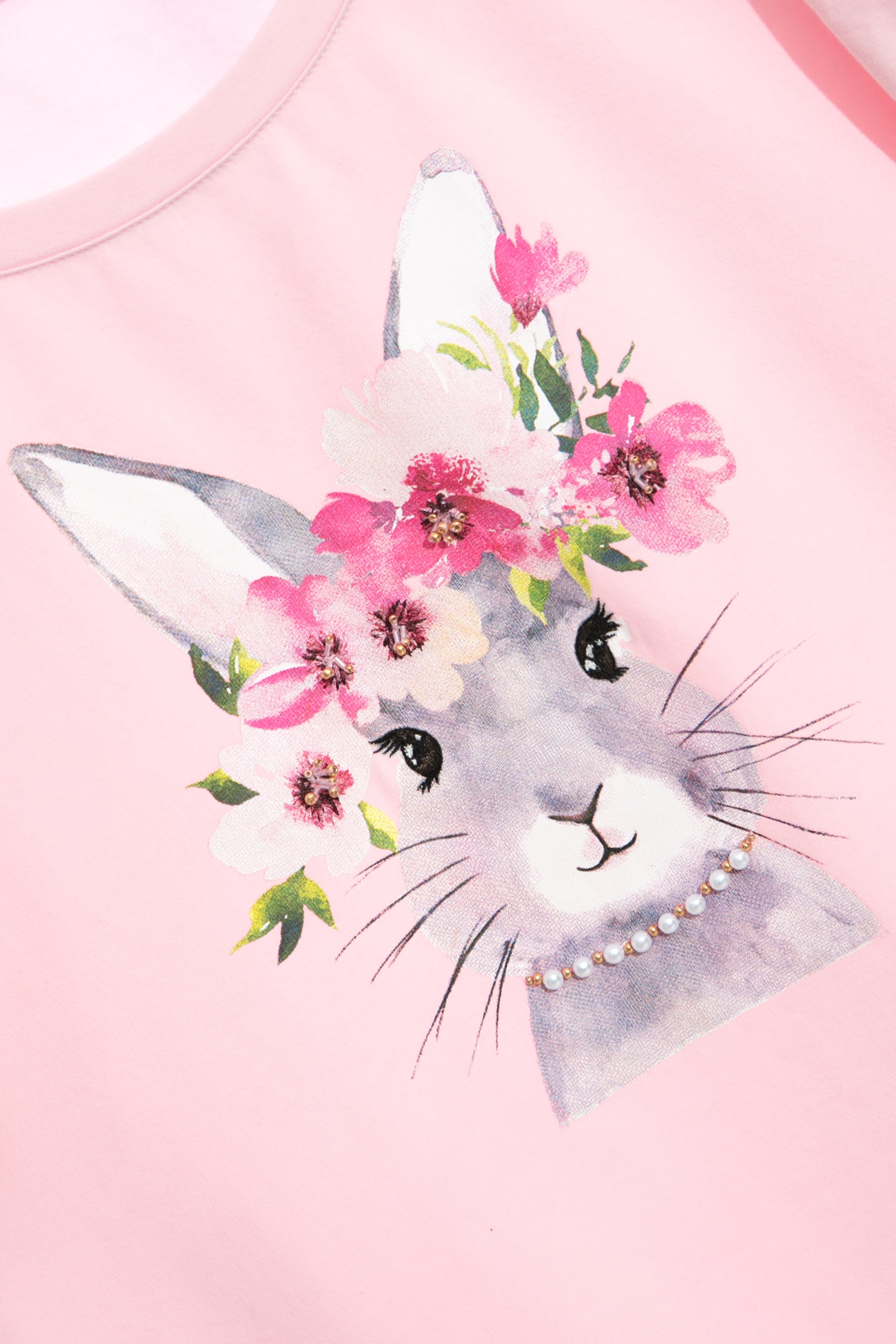 帶花環兔子印花T恤帶花環兔子印花T恤,T-Shirt,上衣,刺繡,春夏穿搭