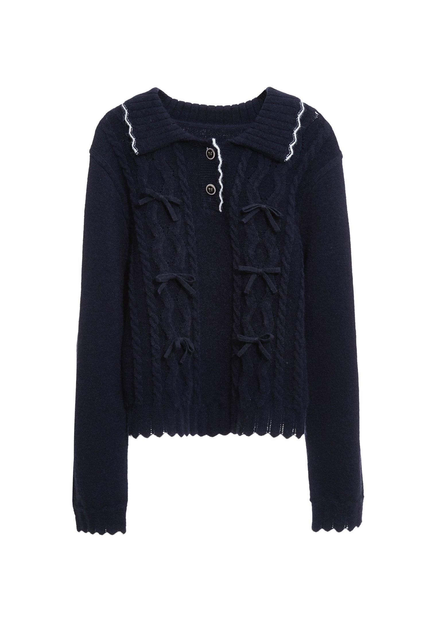 濃厚靛藍配色鋸齒邊針織上衣濃厚靛藍配色鋸齒邊針織上衣,上衣,秋冬穿搭,蝴蝶結,針織,針織衫