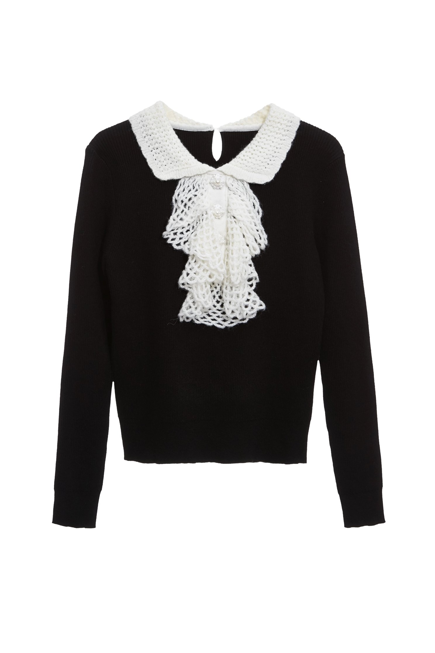 黑白配手勾荷葉坑條針織黑白配手勾荷葉坑條針織,上衣,春夏穿搭,珍珠,荷葉,針織,針織衫,黑色上衣