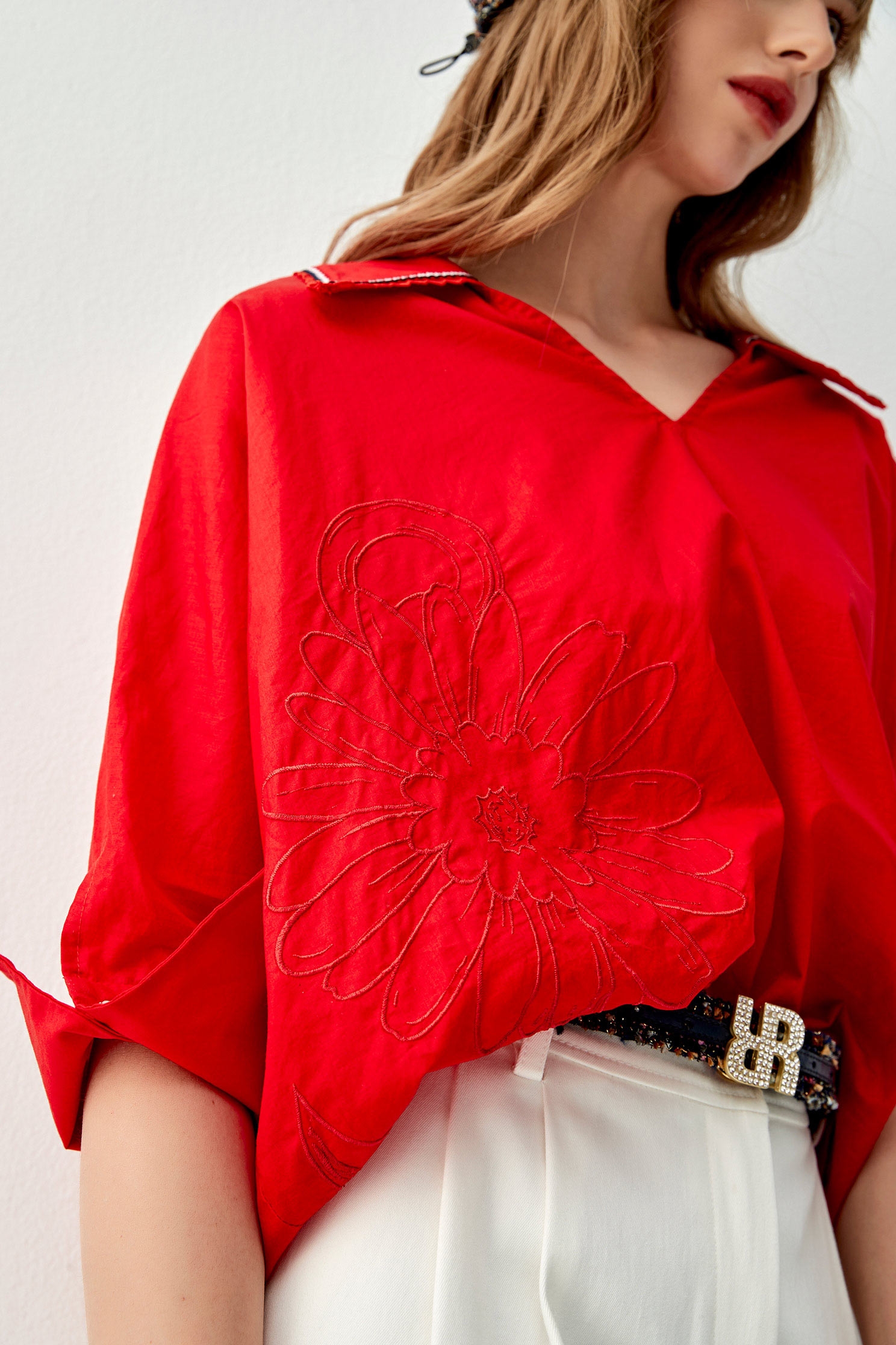 魅惑紅船錨花朵刺繡上衣魅惑紅船錨花朵刺繡上衣,上衣,刺繡,秋冬穿搭,蕾絲