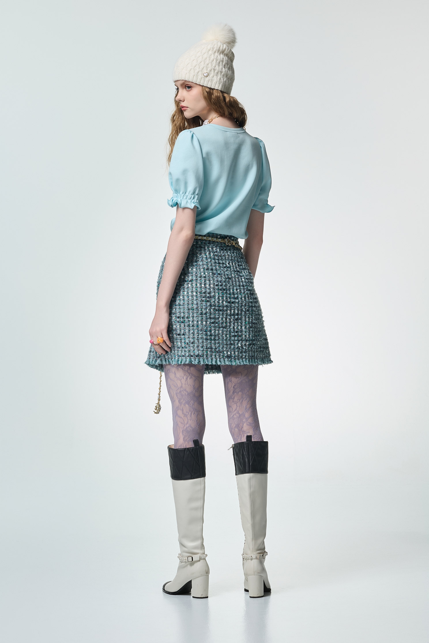 海藍寶石花呢紗短裙海藍寶石花呢紗短裙,短裙,秋冬穿搭