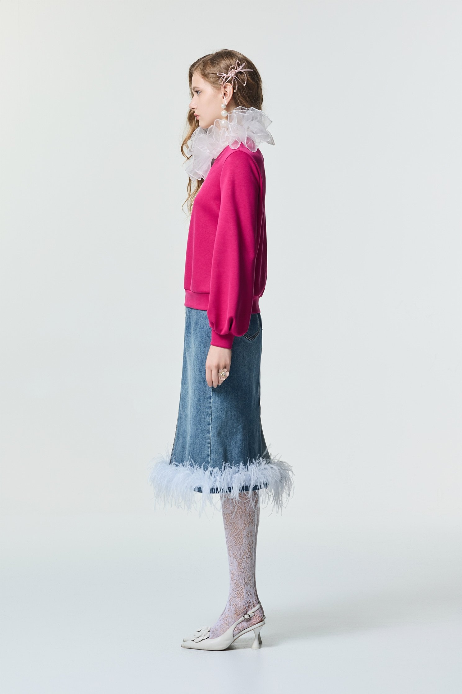 綴羽毛裝飾牛仔中長裙綴羽毛裝飾牛仔中長裙,春夏穿搭,牛仔,牛仔裙