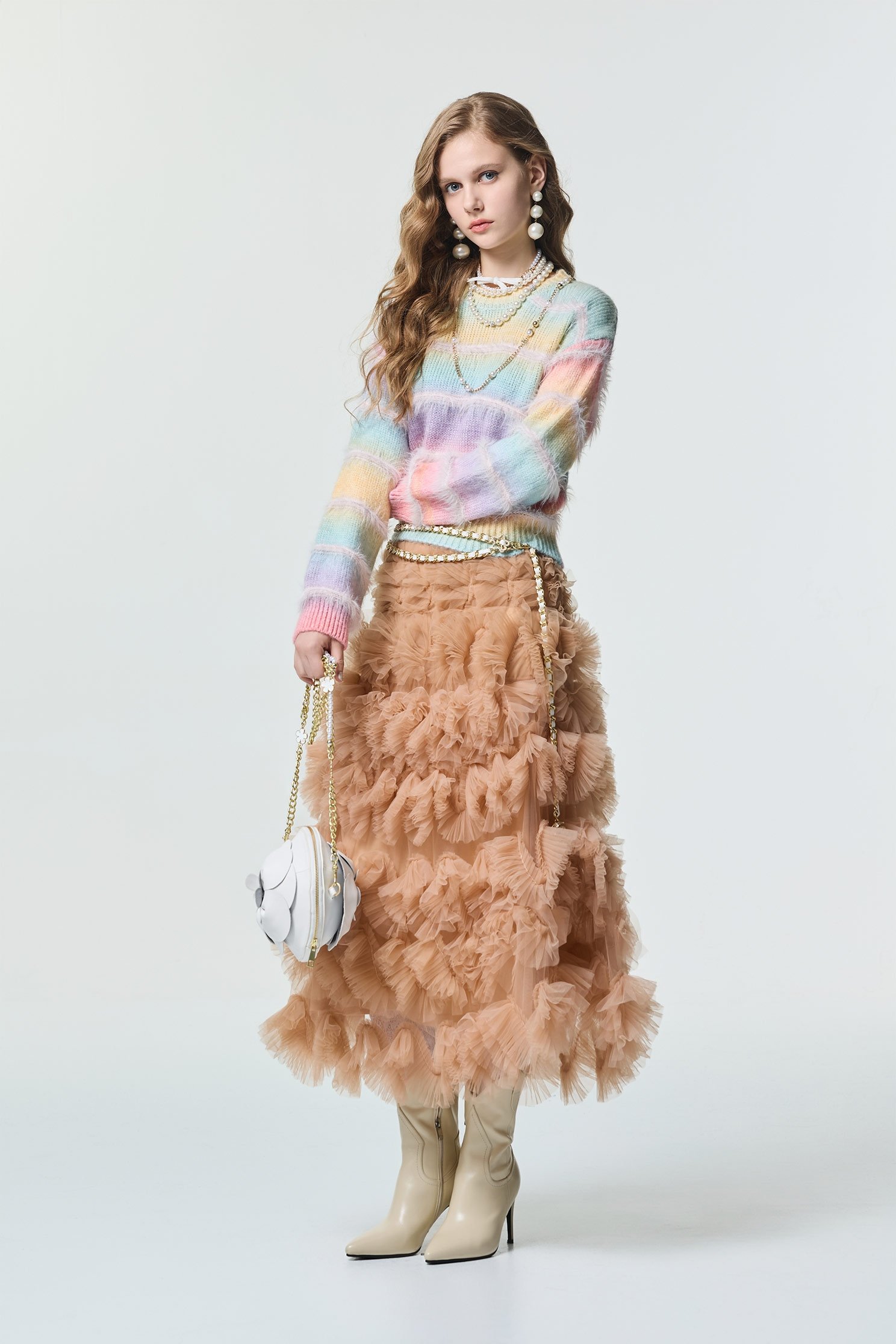 淺焦糖色立體摺飾式長裙淺焦糖色立體摺飾式長裙,春夏穿搭,網裙,荷葉