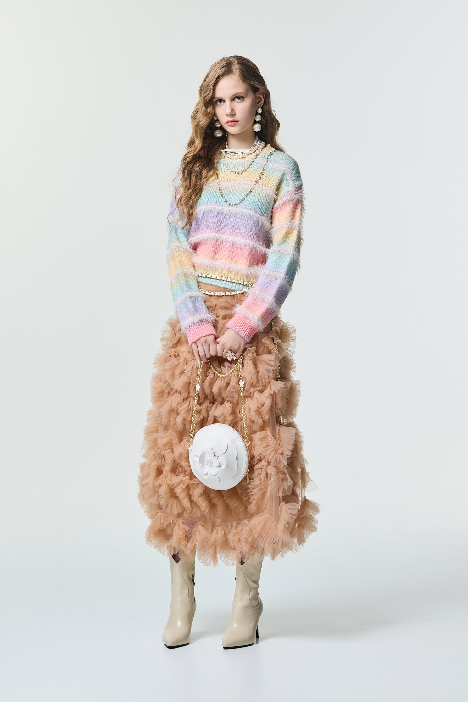 淺焦糖色立體摺飾式長裙淺焦糖色立體摺飾式長裙,春夏穿搭,網裙,荷葉