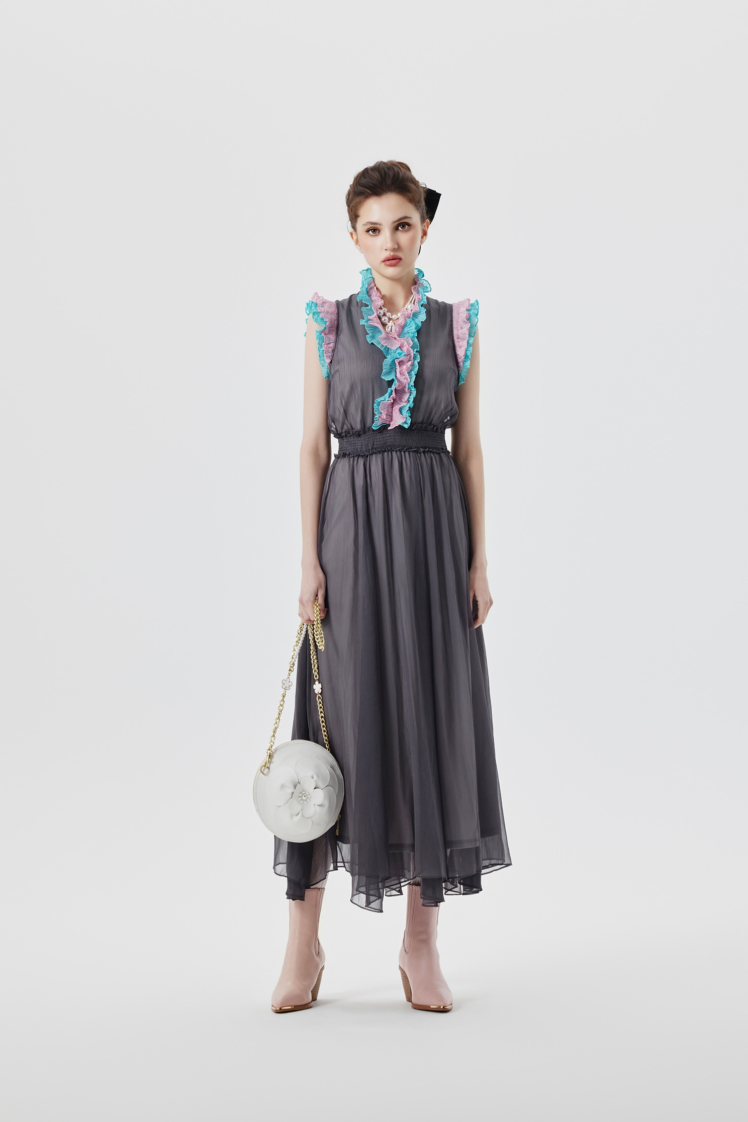 荷葉薄暮灰配色洋裝荷葉薄暮灰配色洋裝,一般洋裝,小禮服,秋冬穿搭,荷葉,雪紡,雪紡洋裝