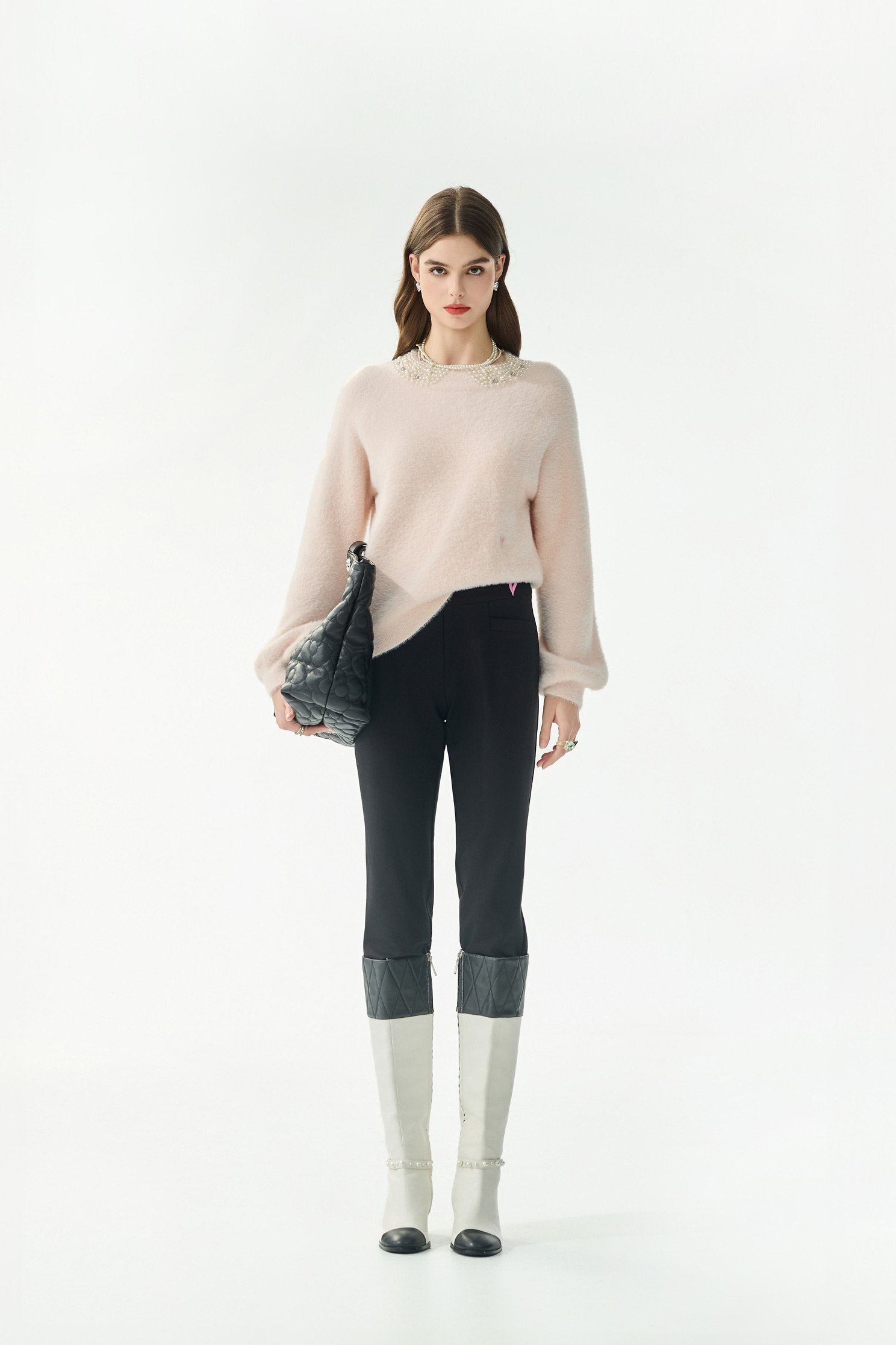 雙腰頭簡約合身褲雙腰頭簡約合身褲,刺繡,秋冬穿搭,窄管褲,褲子,黑色褲子