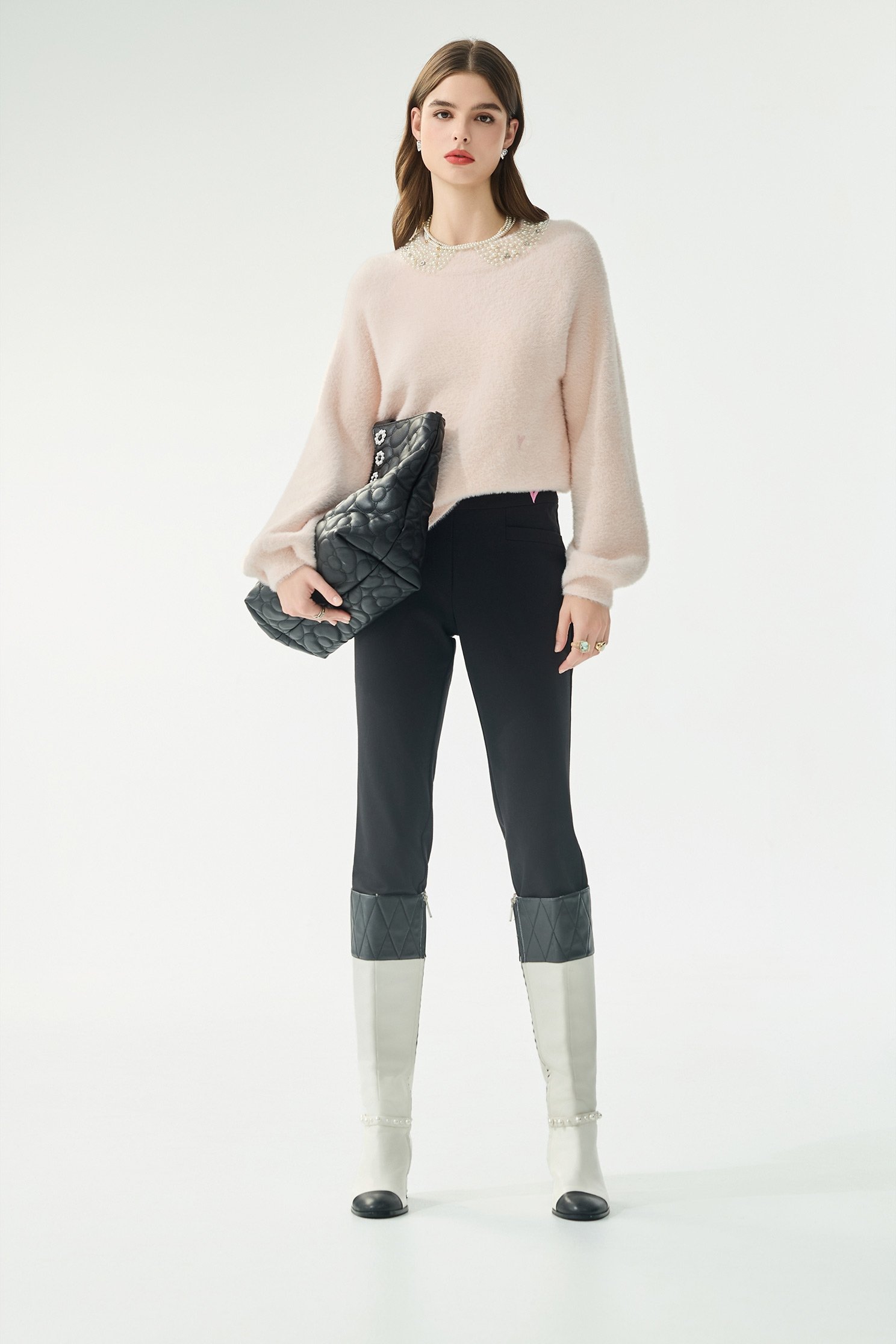 雙腰頭簡約合身褲雙腰頭簡約合身褲,刺繡,秋冬穿搭,窄管褲,褲子,黑色褲子