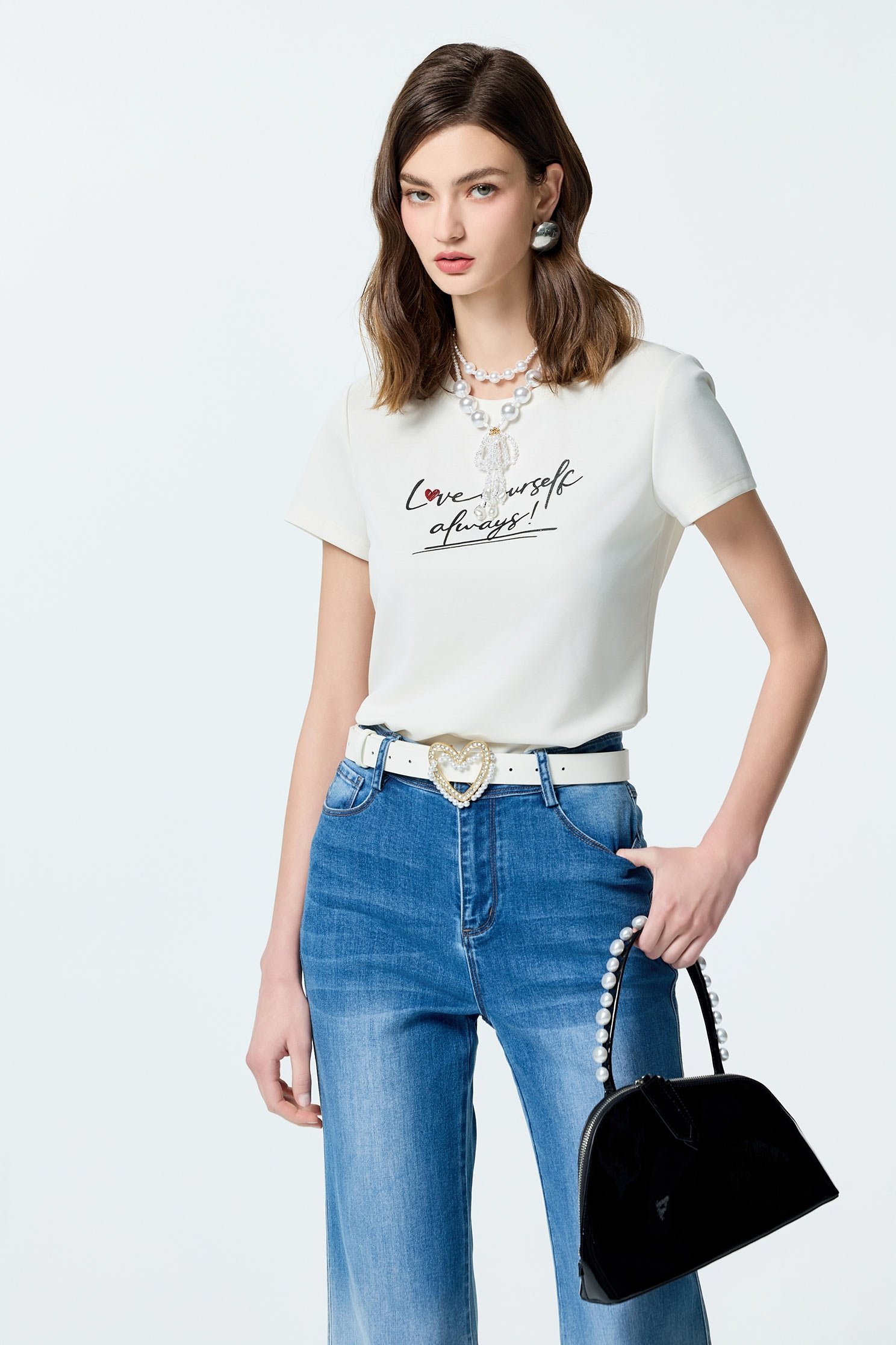 愛自己標語印花窄版上衣Love Yourself Always 印花窄版上衣,T-Shirt,上衣,刺繡,春夏穿搭,白色上衣