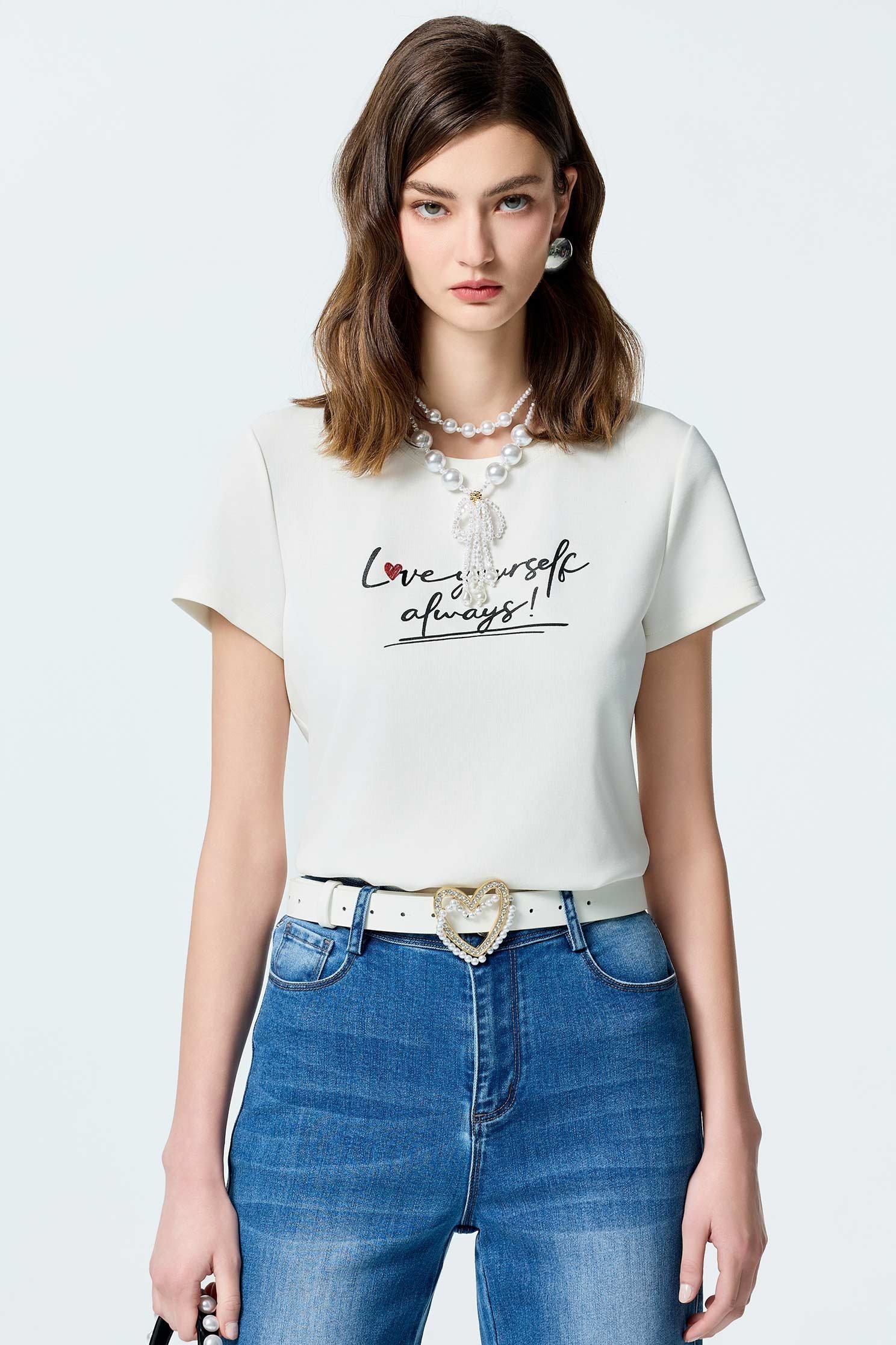 愛自己標語印花窄版上衣Love Yourself Always 印花窄版上衣,T-Shirt,上衣,刺繡,春夏穿搭,白色上衣