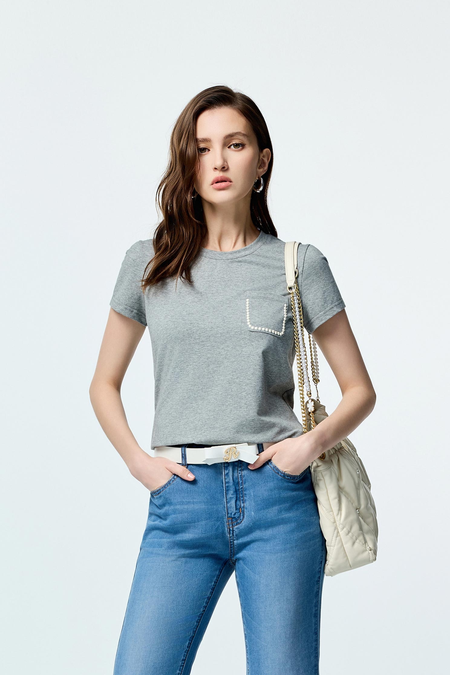 綴珍珠貼片顯瘦T恤上衣綴珍珠貼片顯瘦T恤上衣,T-Shirt,上衣,春夏穿搭,珍珠,純棉