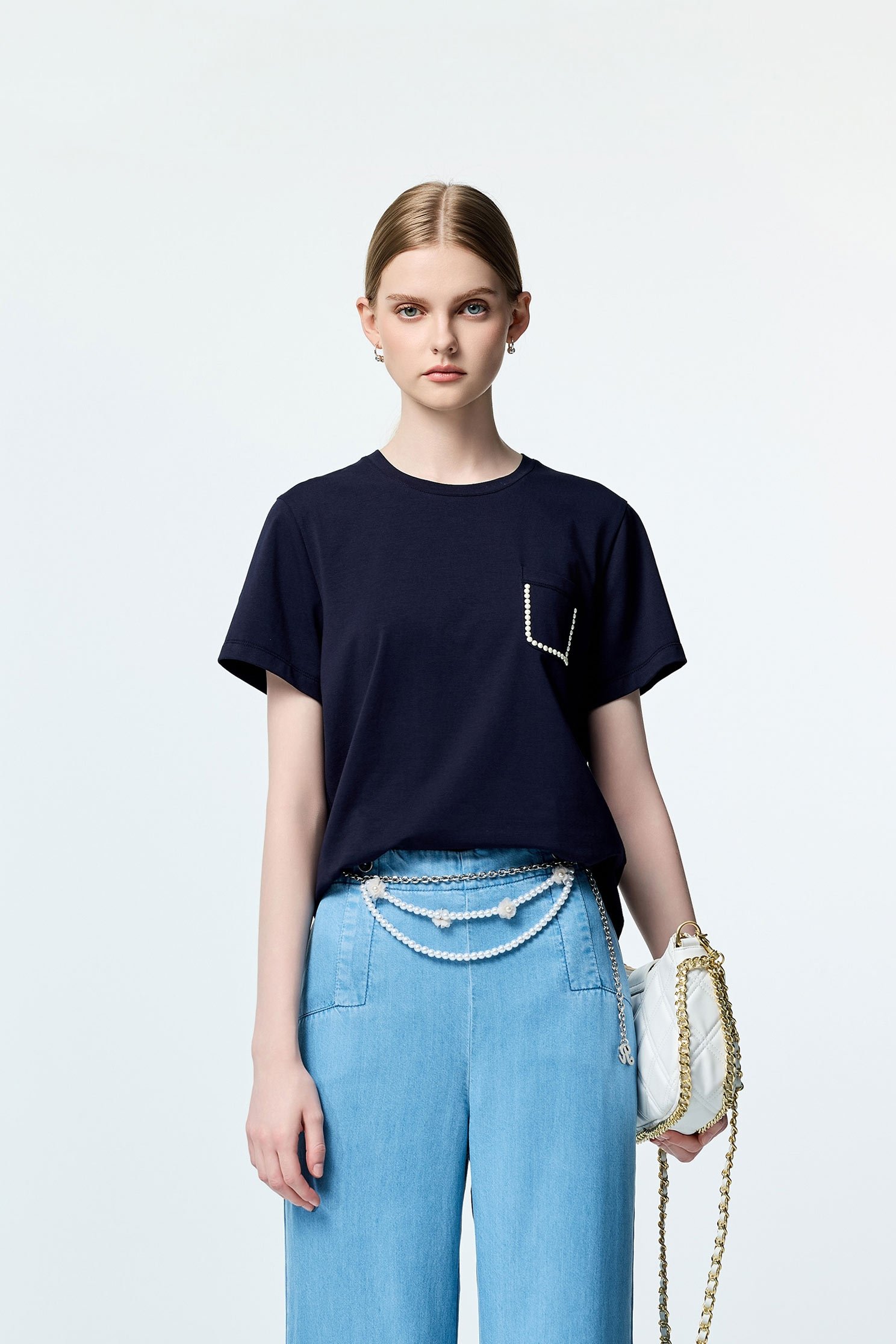 綴珍珠貼片顯瘦T恤上衣綴珍珠貼片顯瘦T恤上衣,T-Shirt,上衣,春夏穿搭,珍珠,純棉