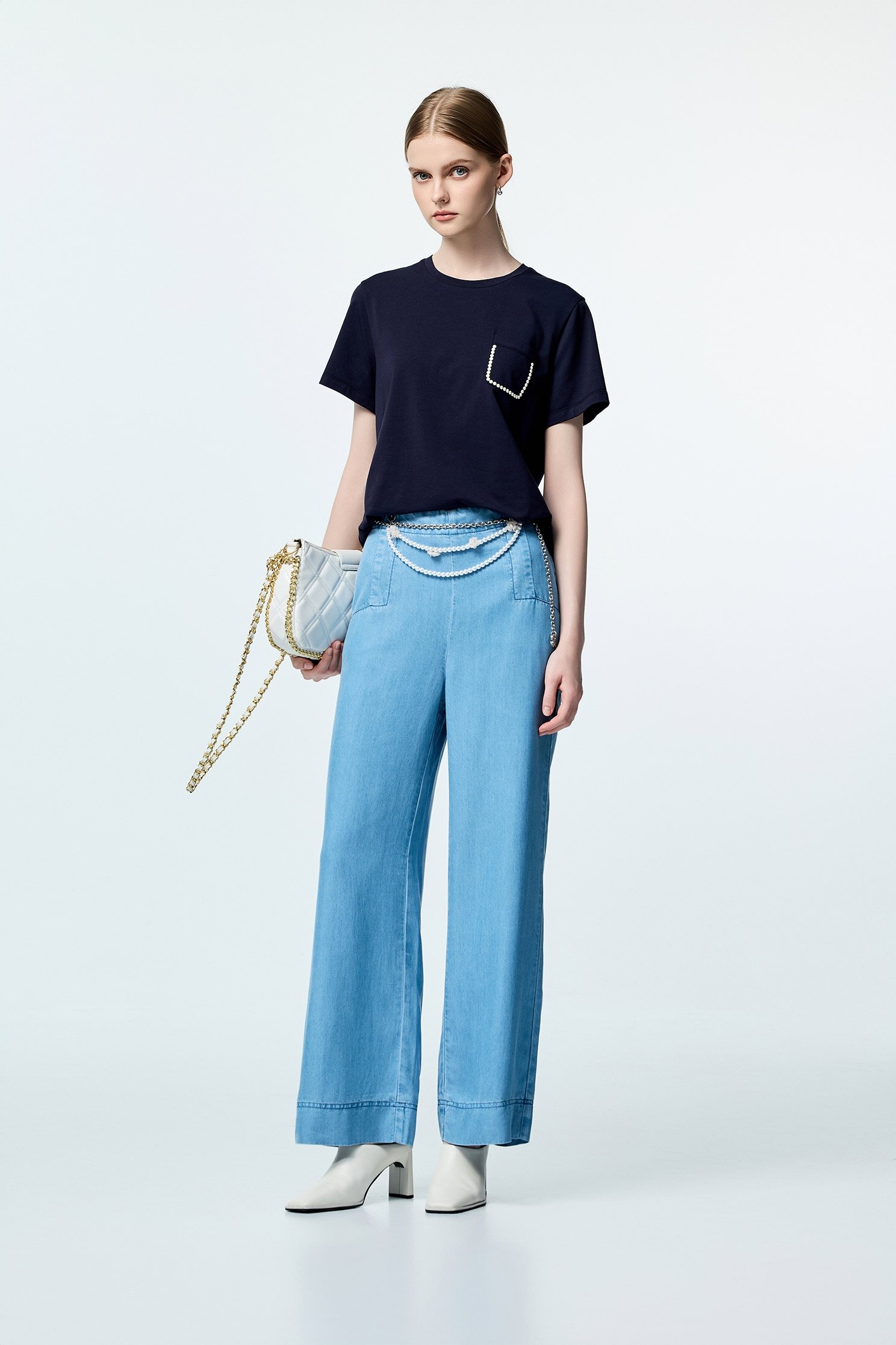 綴珍珠貼片顯瘦T恤上衣綴珍珠貼片顯瘦T恤上衣,T-Shirt,上衣,春夏穿搭,珍珠,純棉
