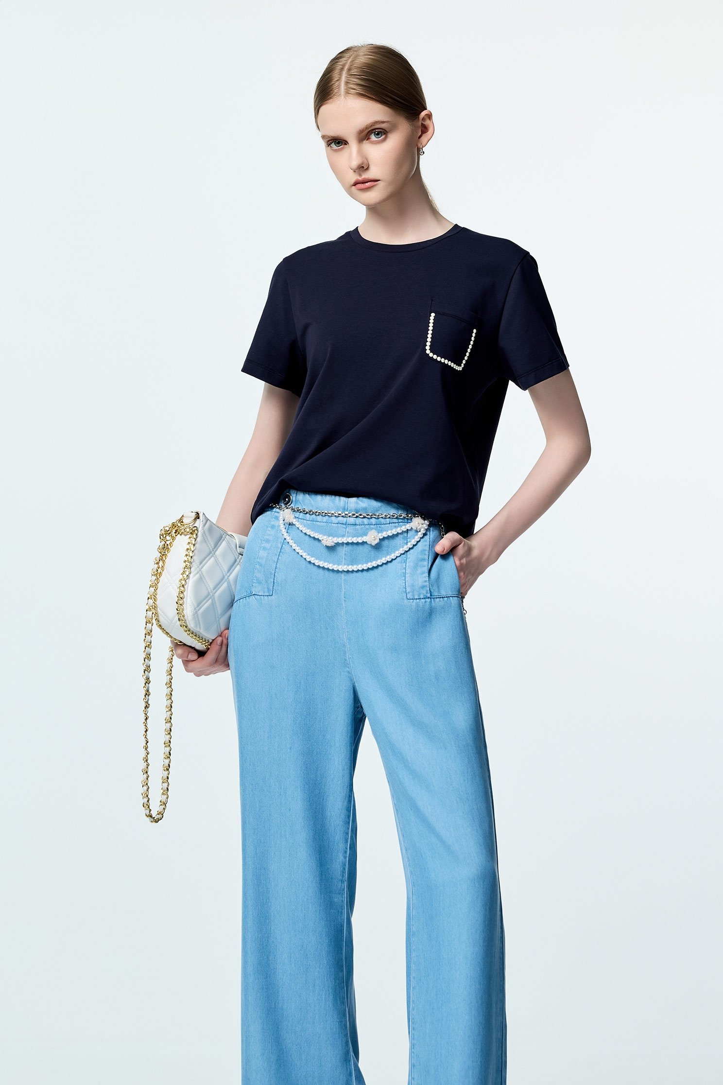 綴珍珠貼片顯瘦T恤上衣綴珍珠貼片顯瘦T恤上衣,T-Shirt,上衣,春夏穿搭,珍珠,純棉