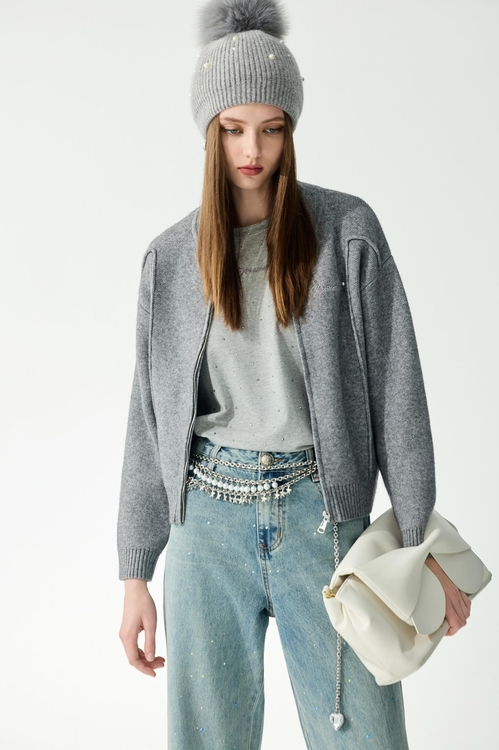 薄暮灰鑲珍珠針織外套,秋冬穿搭