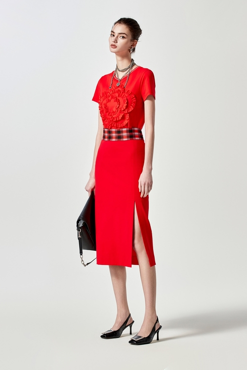 鮮辣椒紅彈性中長開叉窄裙,窄裙