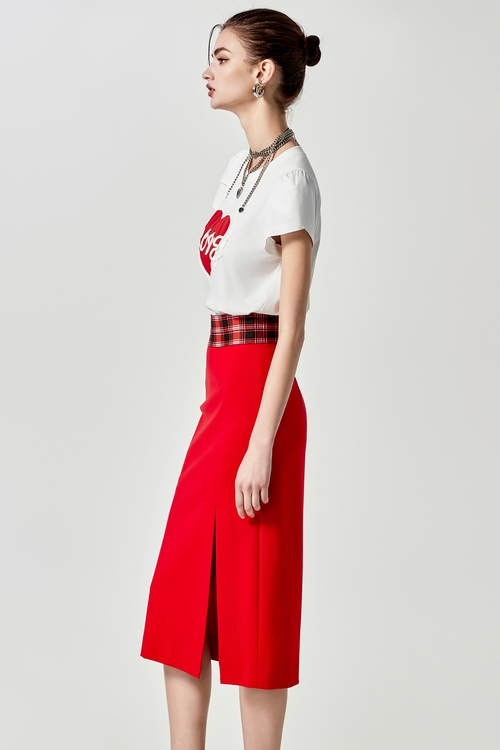 鮮辣椒紅彈性中長開叉窄裙,窄裙