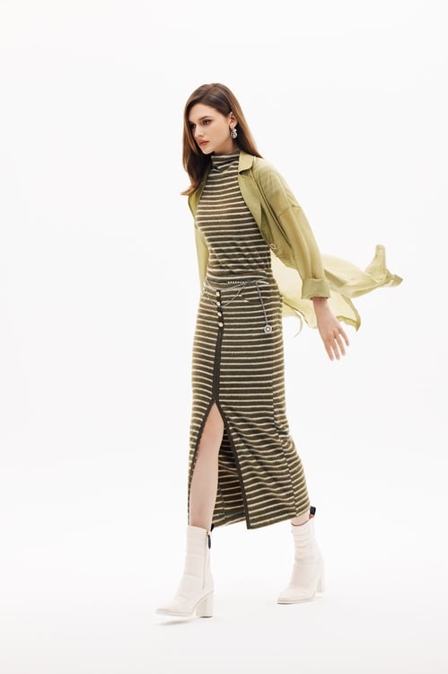 酸橙綠條紋中長裙,,酸橙綠條紋中長裙,春夏穿搭,條紋,長裙