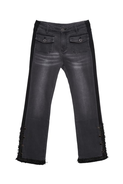 灰黑洗色流蘇織帶彈性九分褲,牛仔,丹寧