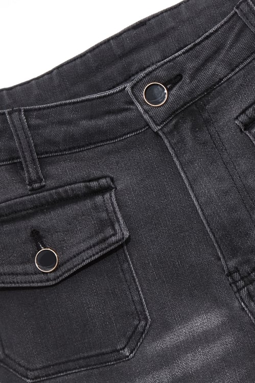 灰黑洗色流蘇織帶彈性九分褲,牛仔,丹寧