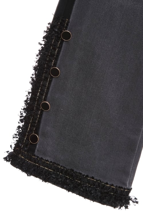 灰黑洗色流蘇織帶彈性九分褲,牛仔,丹寧