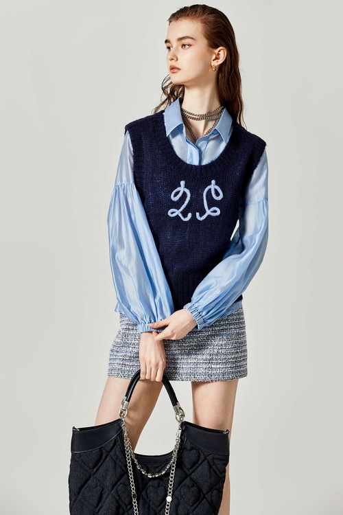 海軍藍大圓領刷毛針織背心,針織背心