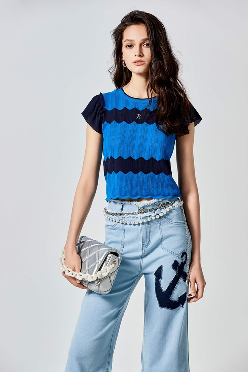 藍色波浪配條小蓋袖針織上衣,針織背心